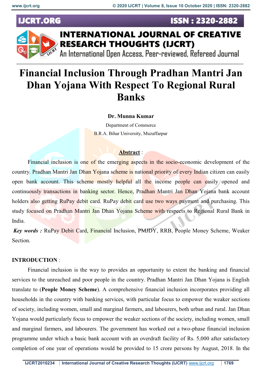 Financial Inclusion Through Pradhan Mantri Jan Dhan Yojana with Respect to Regional Rural Banks