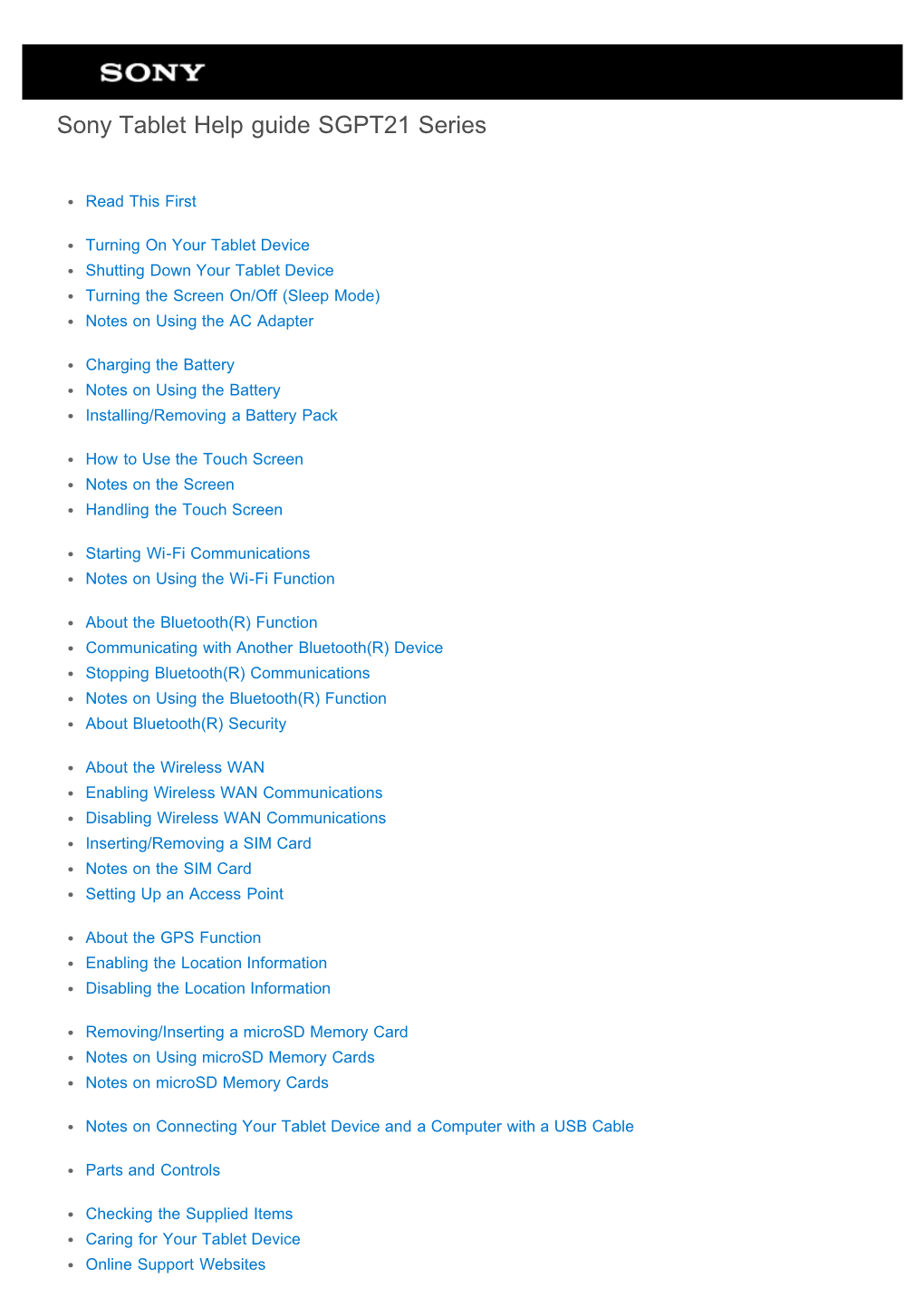 Sony Tablet Help Guide SGPT21 Series