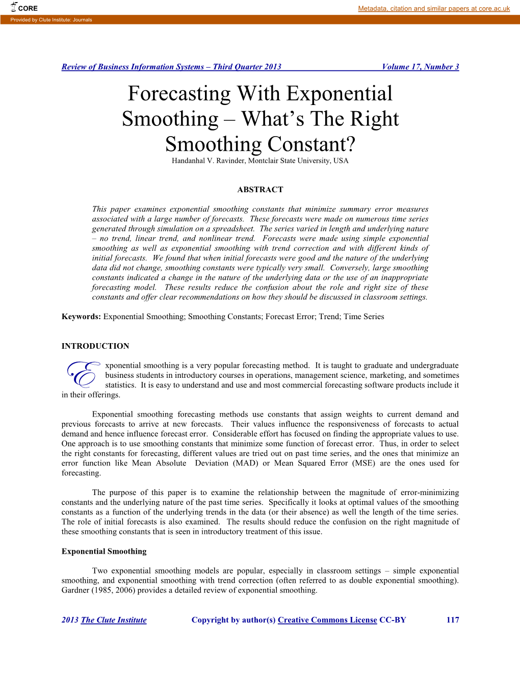 Forecasting with Exponential Smoothing – What’S the Right Smoothing Constant? Handanhal V