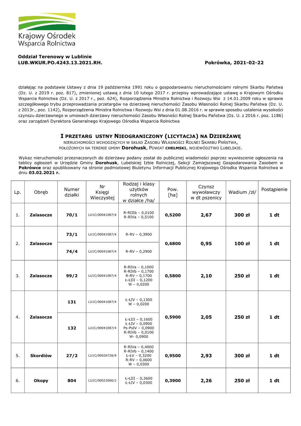 Oddział Terenowy W Lublinie LUB.WKUR.PO.4243.13.2021.RH. Pokrówka, 2021-02-22 I PRZETARG USTNY NIEOGRANICZONY