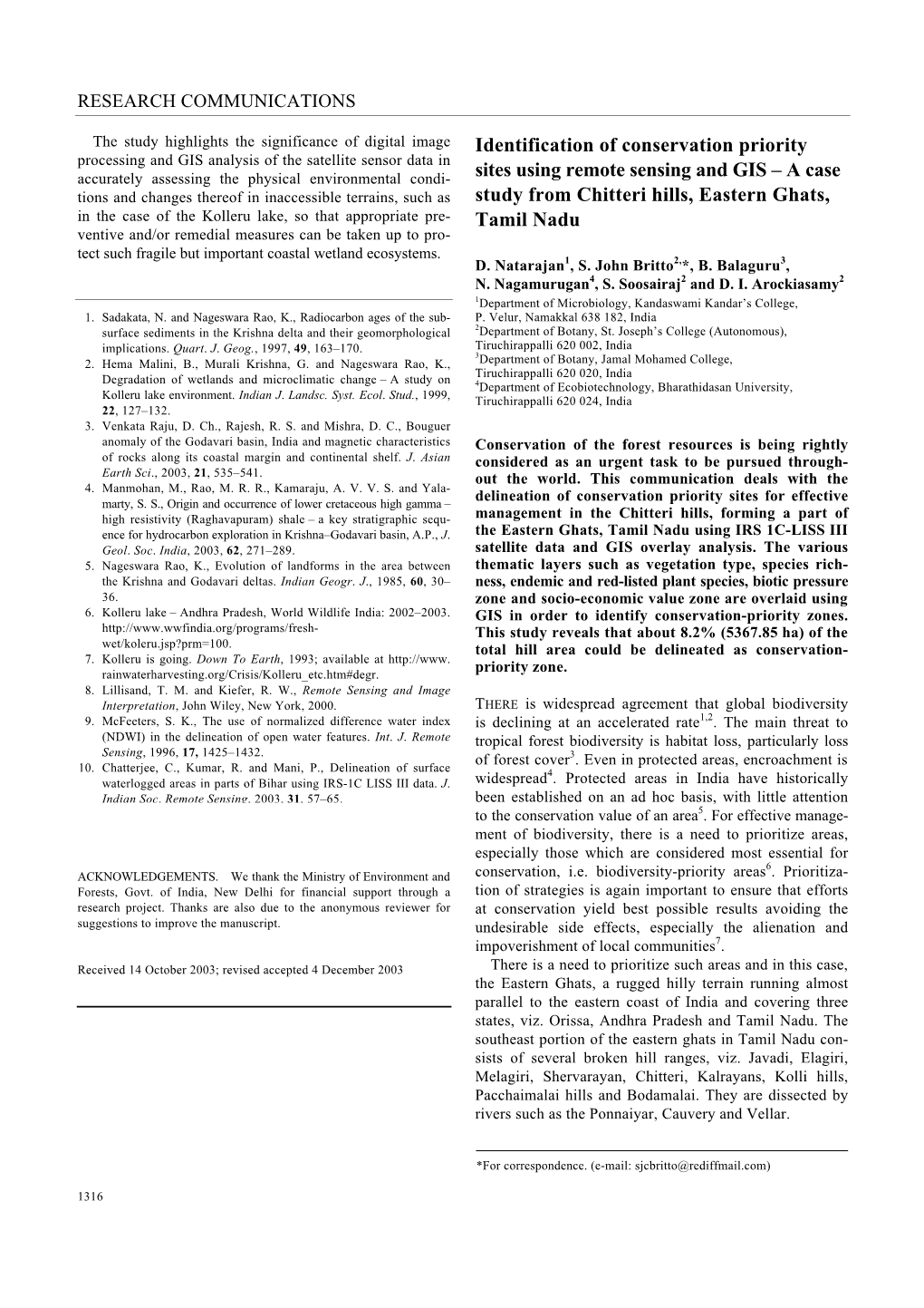 Identification of Conservation Priority Sites Using Remote Sensing and GIS – a Case Study from Chitteri Hills, Eastern Ghats