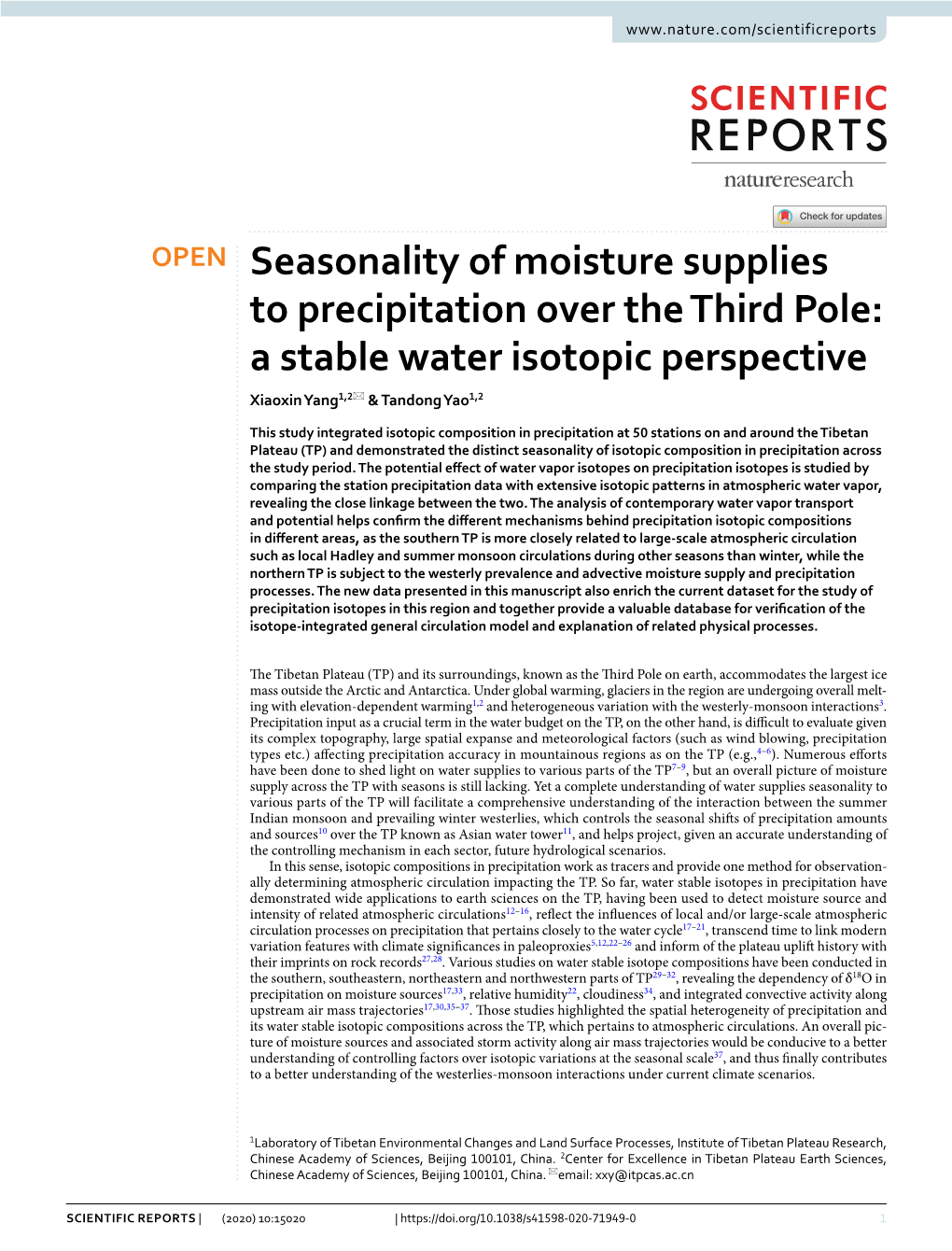 Seasonality of Moisture Supplies to Precipitation Over the Third Pole: a Stable Water Isotopic Perspective Xiaoxin Yang1,2* & Tandong Yao1,2