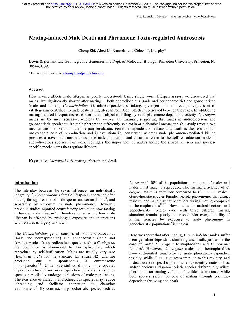 Mating-Induced Male Death and Pheromone Toxin-Regulated Androstasis