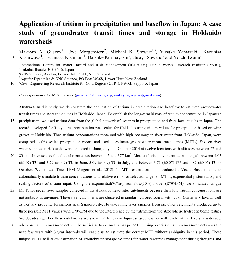 Application of Tritium in Precipitation and Baseflow in Japan: a Case Study of Groundwater Transit Times and Storage in Hokkaido Watersheds Maksym A