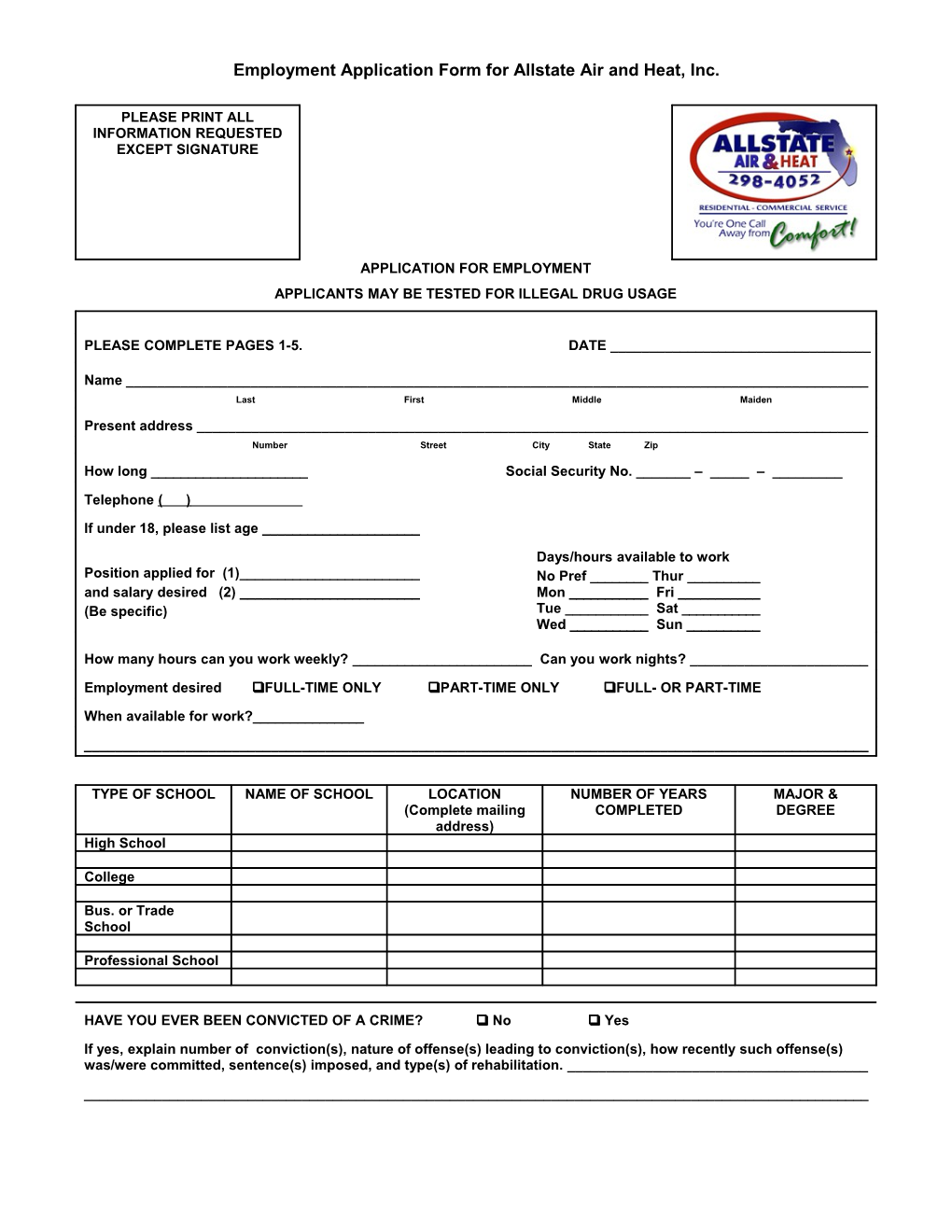 Employment Application Form for Allstate Air and Heat, Inc