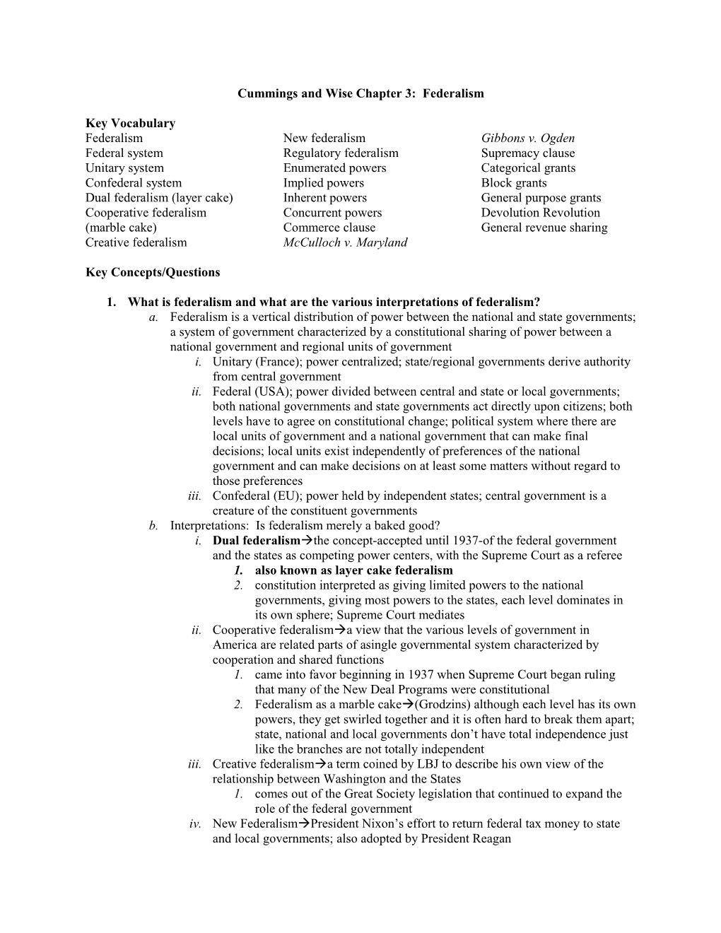 Cummings and Wise Chapter 3: Federalism