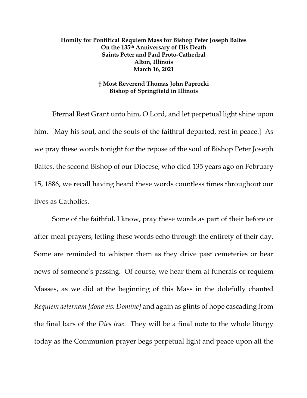 Homily for Pontifical Requiem Mass for Bishop Peter Joseph Baltes On