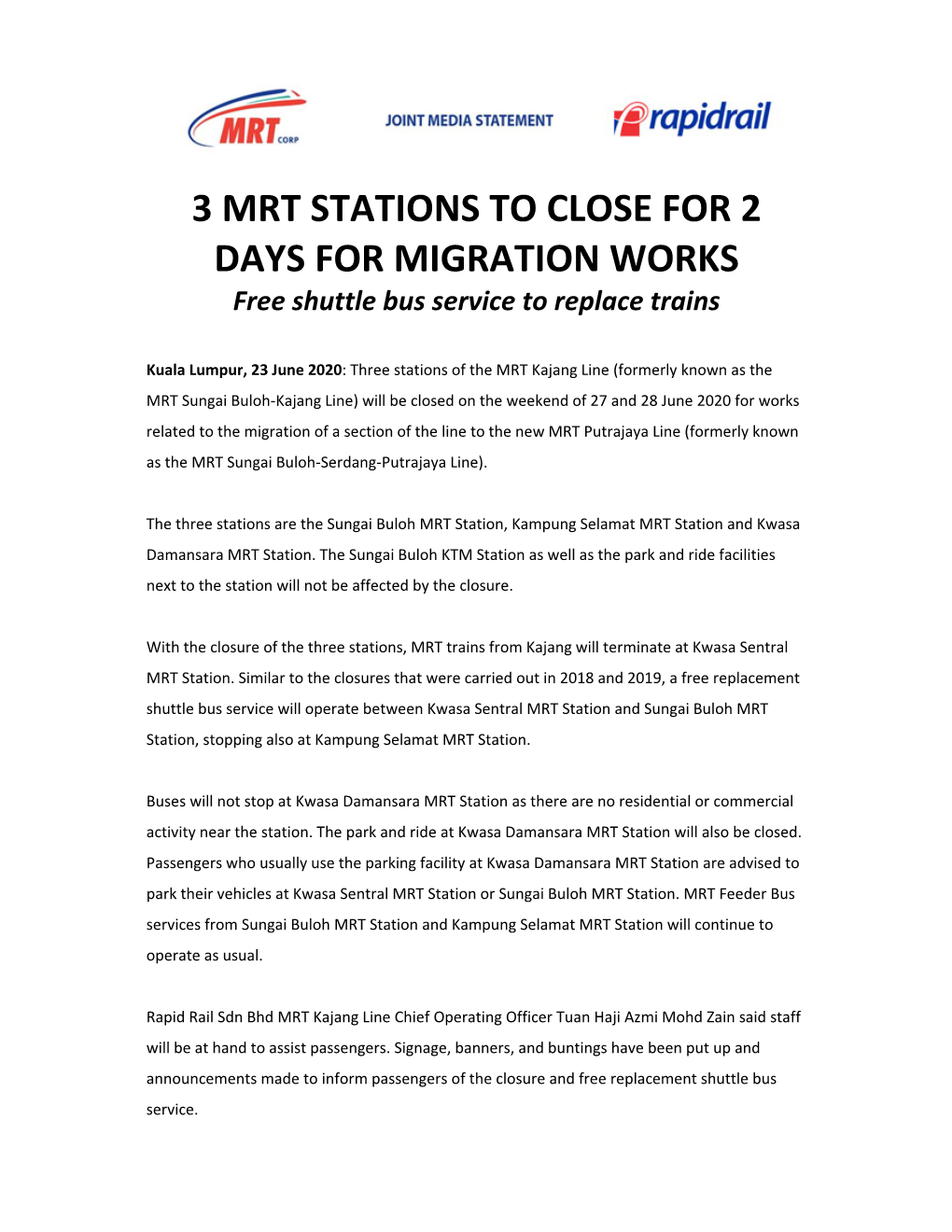 3 MRT STATIONS to CLOSE for 2 DAYS for MIGRATION WORKS Free Shuttle Bus Service to Replace Trains