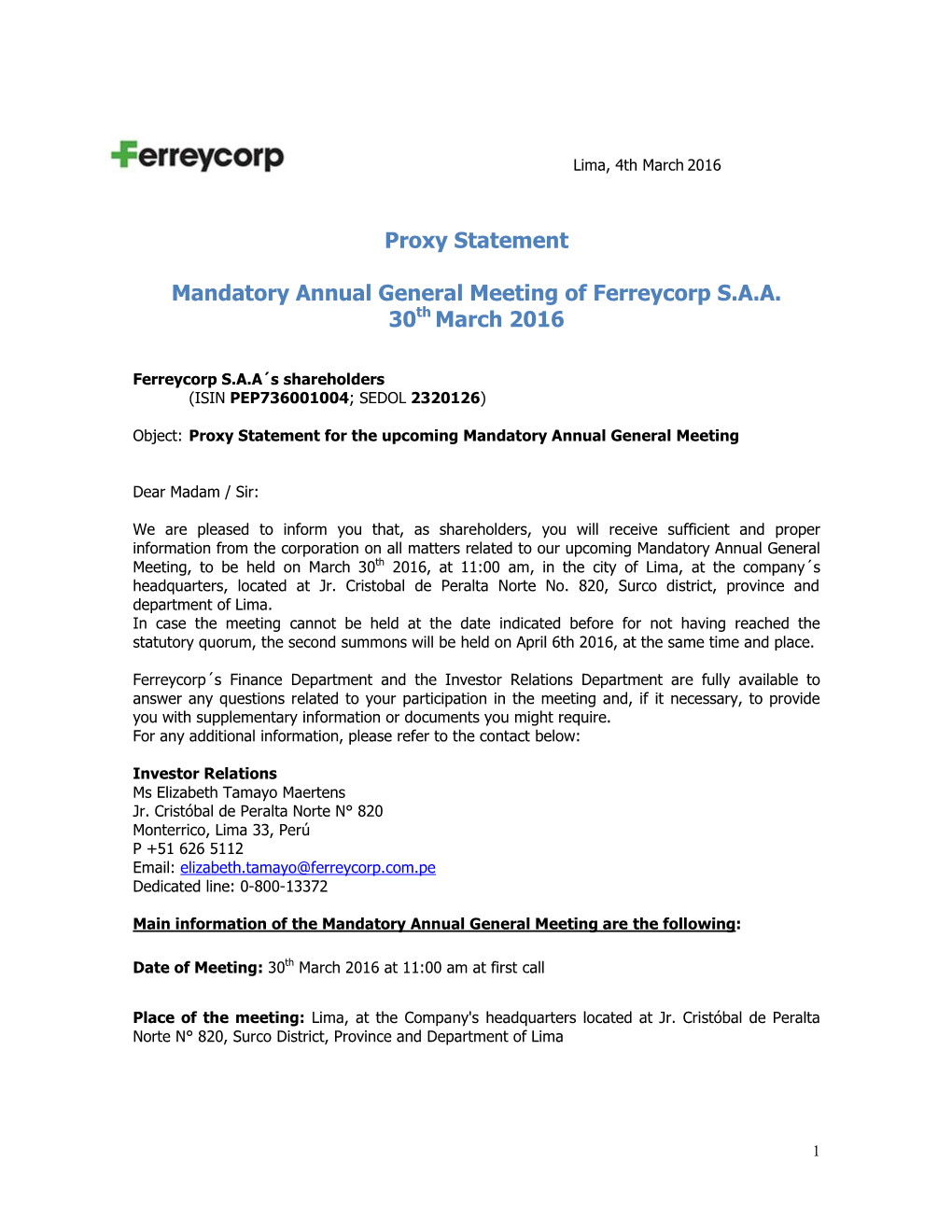 Proxy Statement Mandatory Annual General Meeting of Ferreycorp