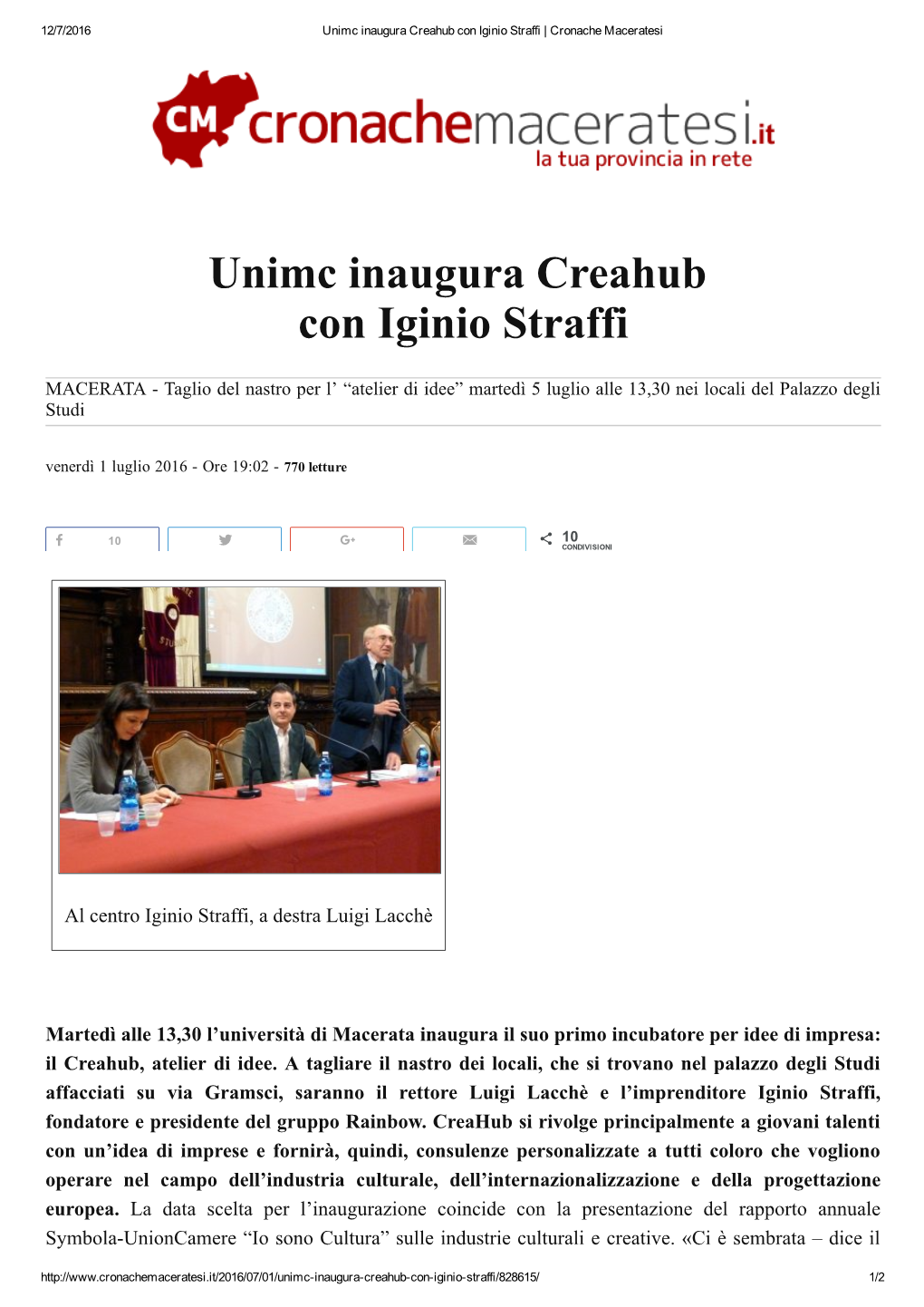 Unimc Inaugura Creahub Con Iginio Straffi | Cronache Maceratesi