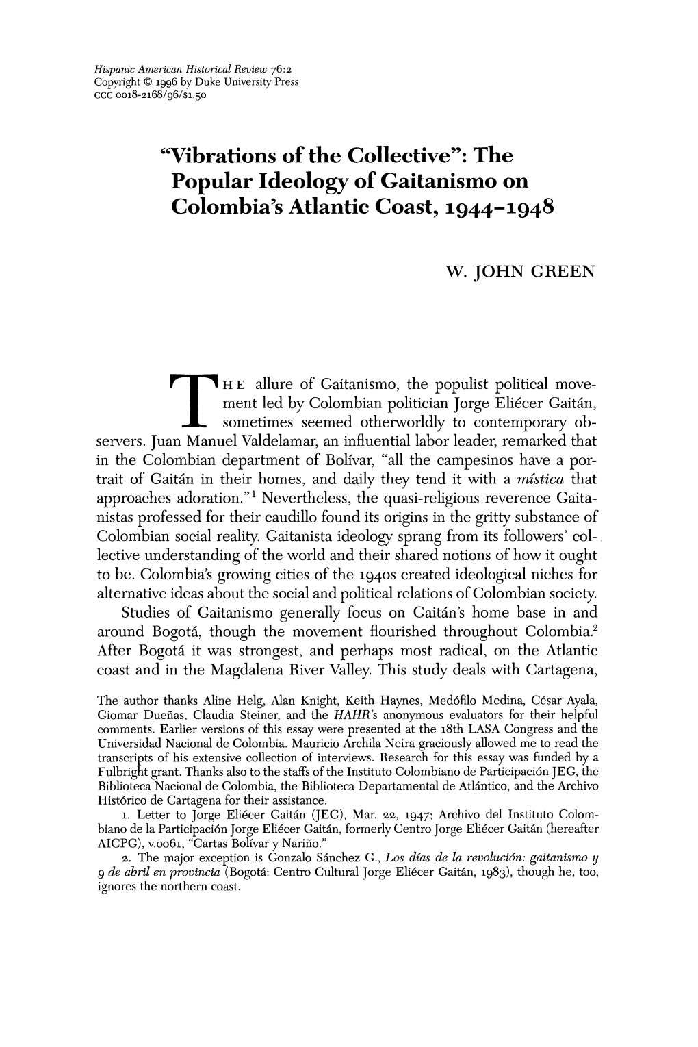 The Popular Ideology of Gaitanismo on Colombia's Atlantic Coast, 1944-1948