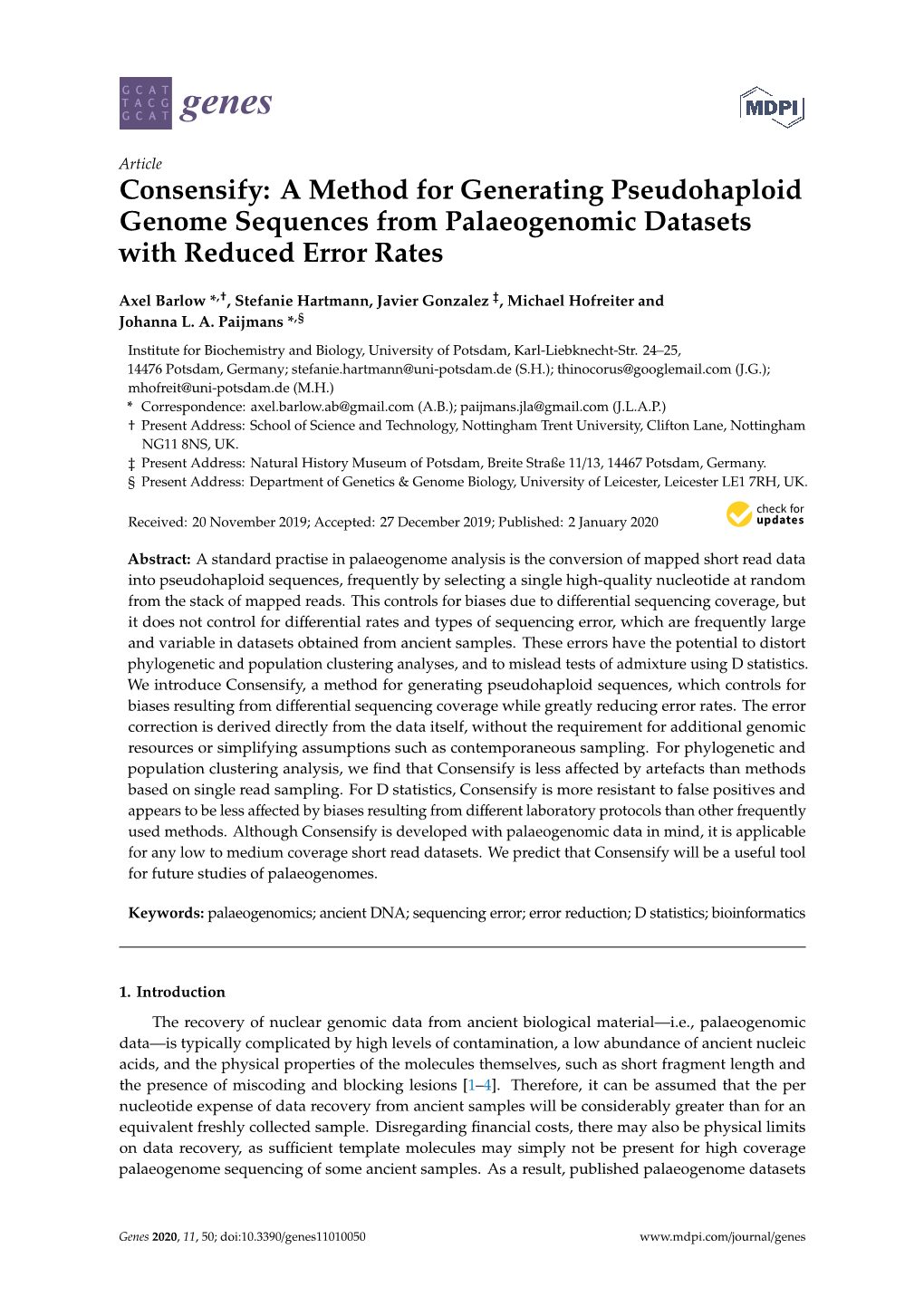 Consensify: a Method for Generating Pseudohaploid Genome Sequences from Palaeogenomic Datasets with Reduced Error Rates