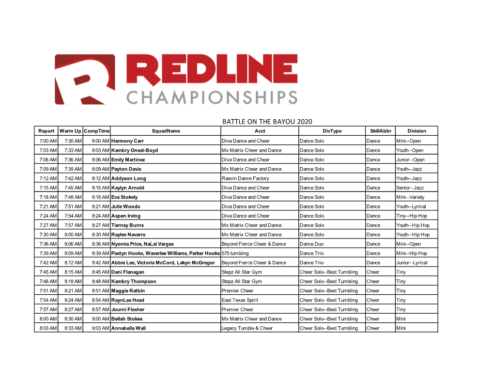 Shereveport Final Schedule 2020