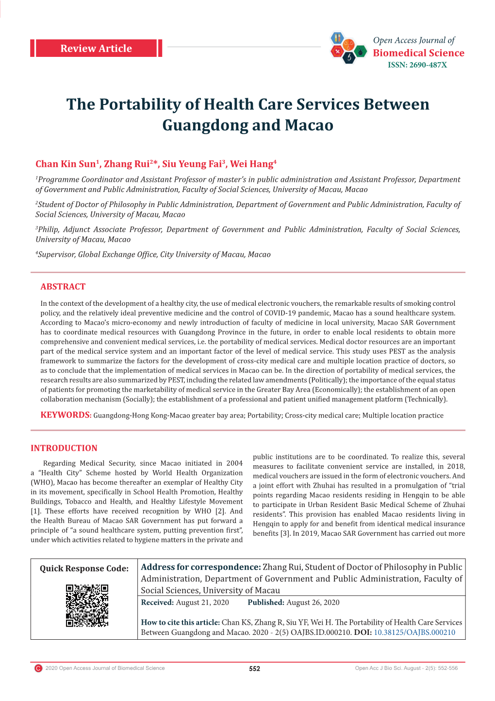 The Portability of Health Care Services Between Guangdong and Macao