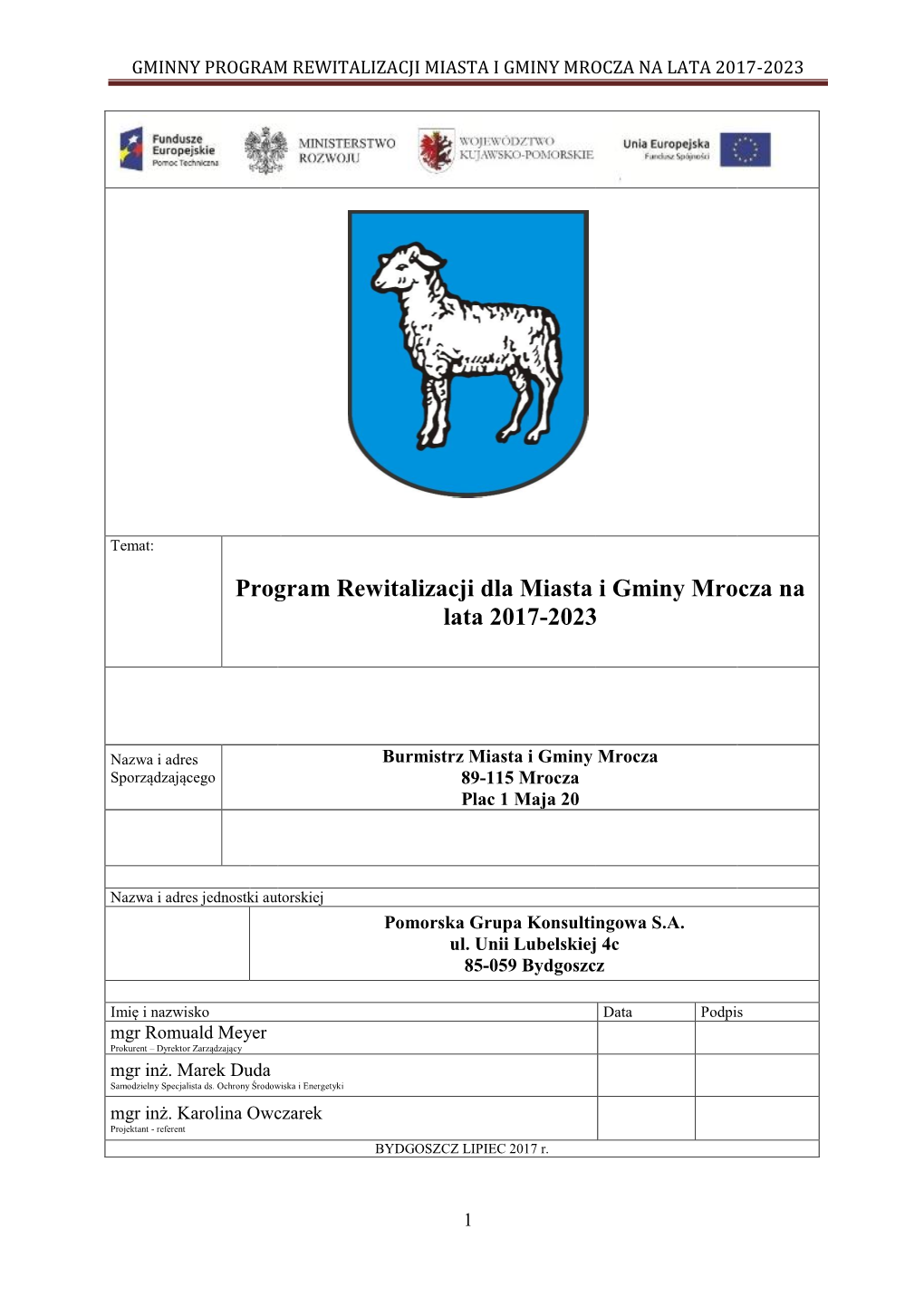 Program Rewitalizacji Dla Miasta I Gminy Mrocza Na Lata 2017-2023