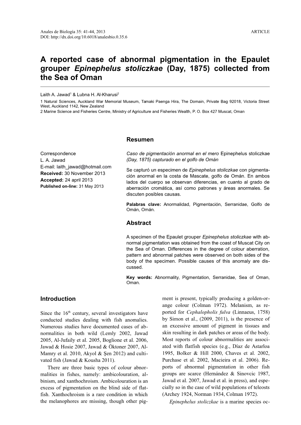 A Reported Case of Abnormal Pigmentation in the Epaulet Grouper Epinephelus Stoliczkae (Day, 1875) Collected from the Sea of Oman