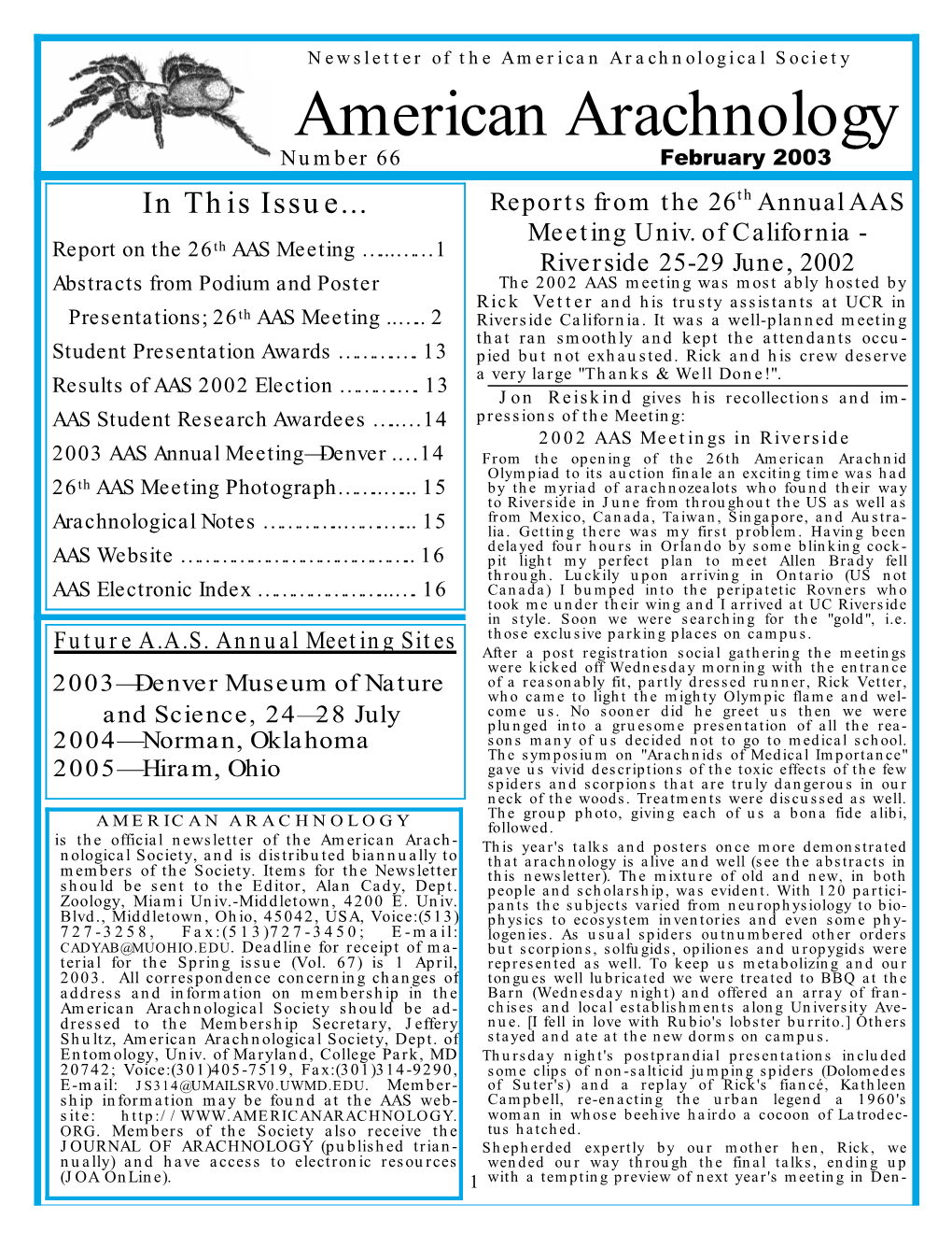 American Arachnology Number 66 February 2003