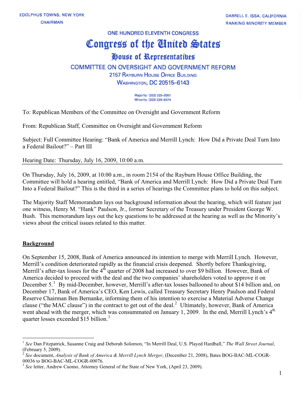 Republican Staff, Committee on Oversight and Government Reform