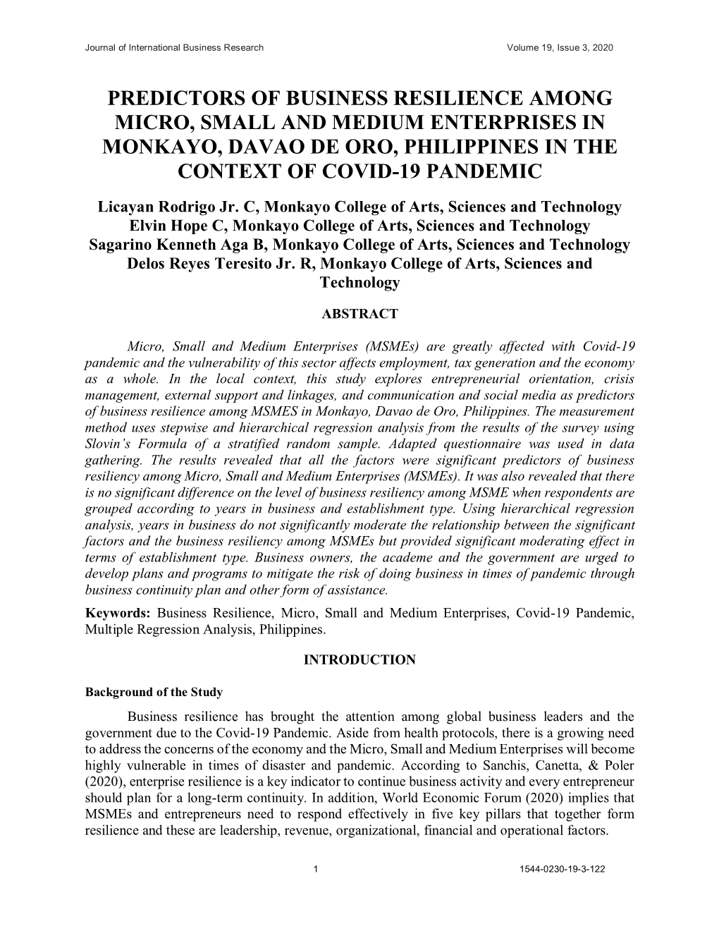 Predictors of Business Resilience Among Micro, Small and Medium Enterprises in Monkayo, Davao De Oro, Philippines in the Context of Covid-19 Pandemic