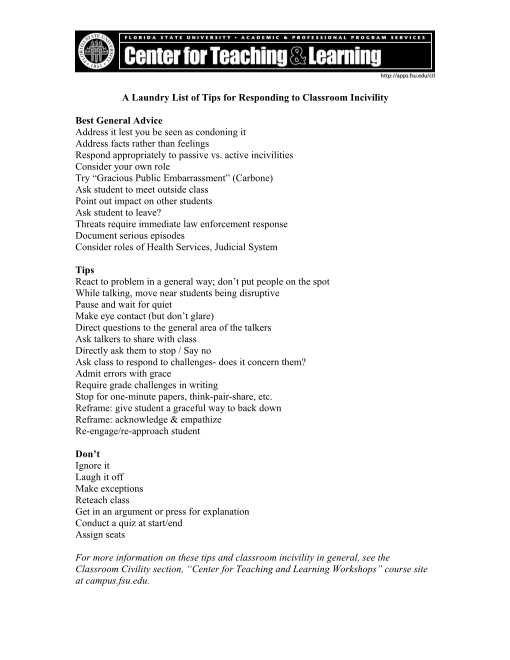 A Laundry List of Tips for Responding to Classroom Incivility