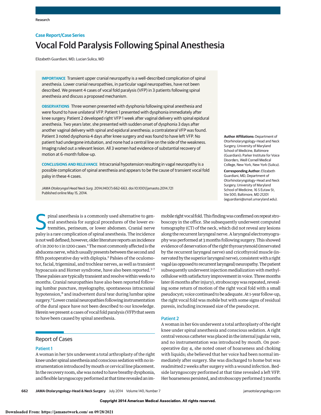 Vocal Fold Paralysis Following Spinal Anesthesia