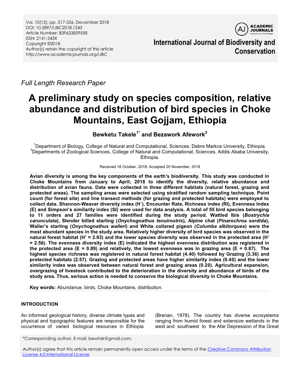 A Preliminary Study on Species Composition, Relative Abundance and Distribution of Bird Species in Choke Mountains, East Gojjam, Ethiopia