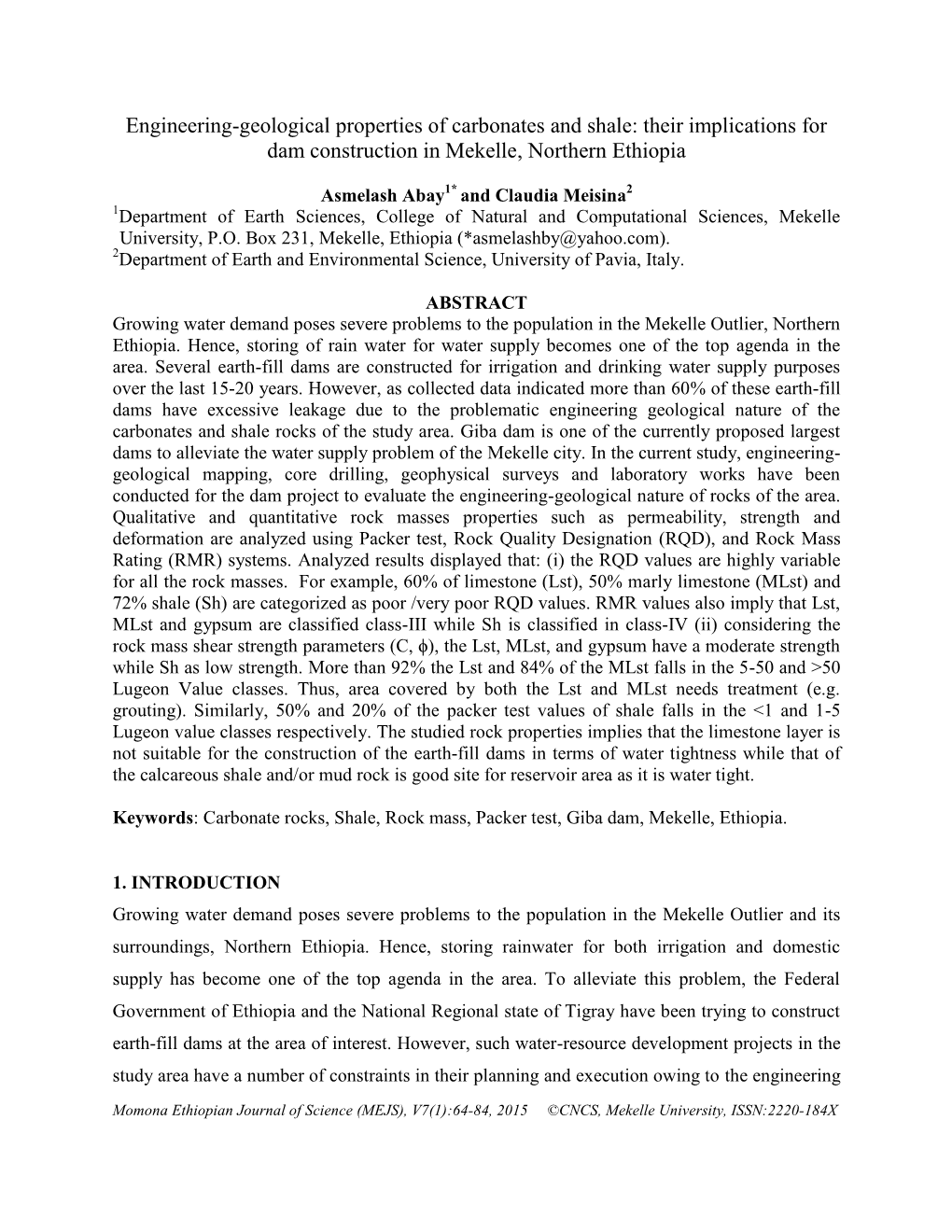 Their Implications for Dam Construction in Mekelle, Northern Ethiopia