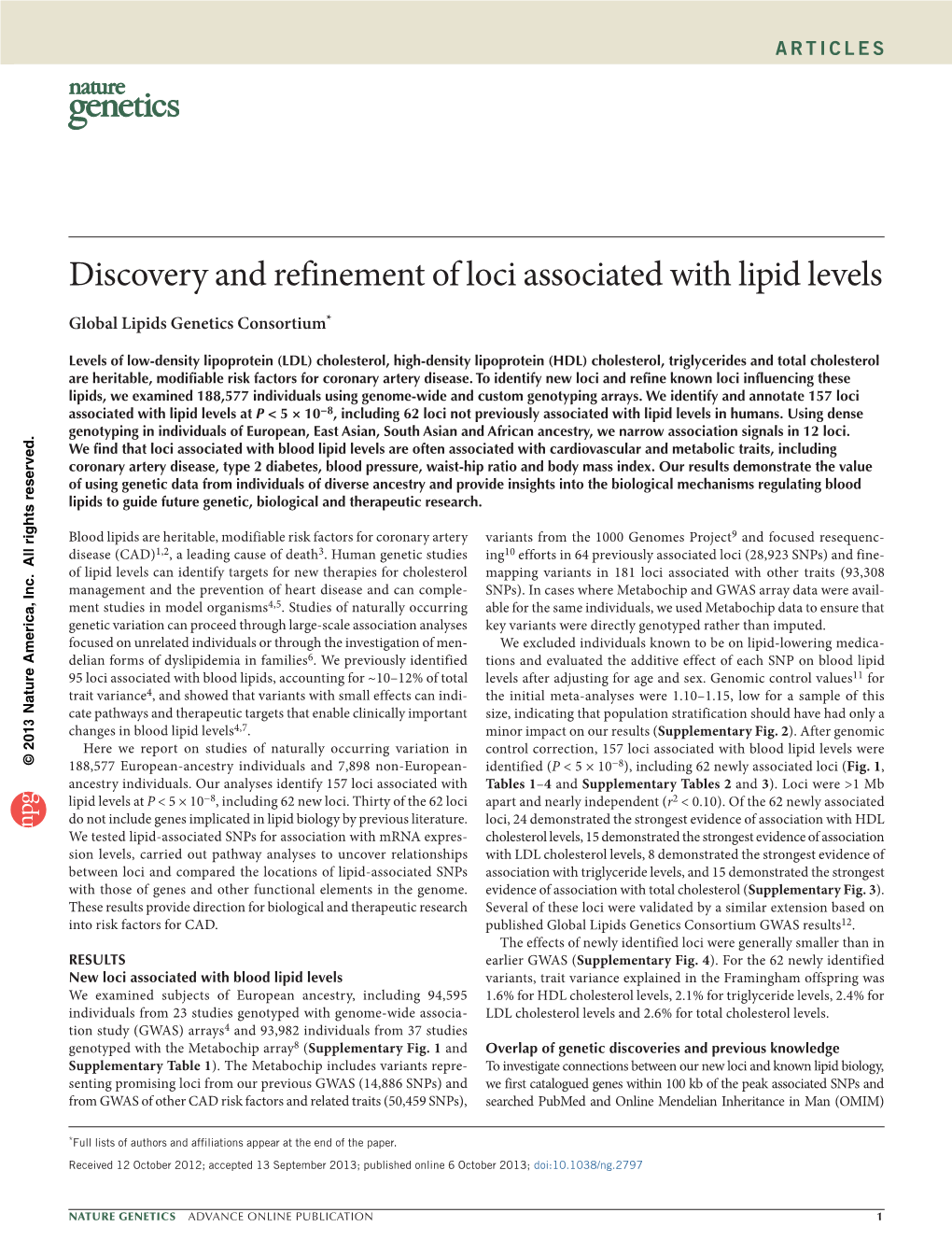 Discovery and Refinement of Loci Associated with Lipid Levels