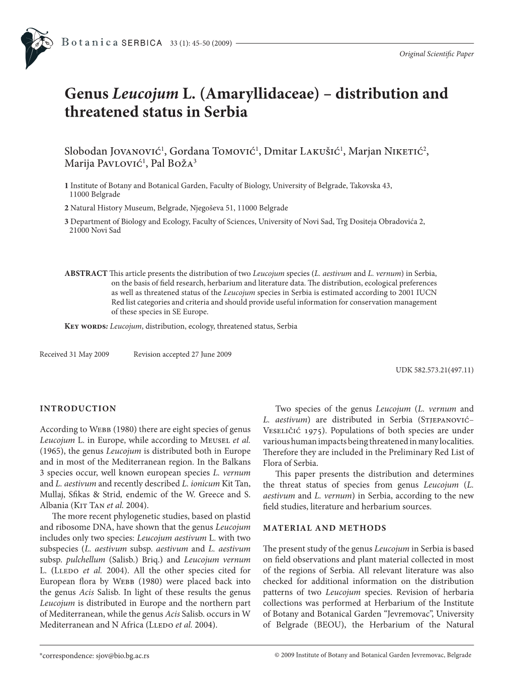 Genus Leucojum L. (Amaryllidaceae) – Distribution and Threatened Status in Serbia