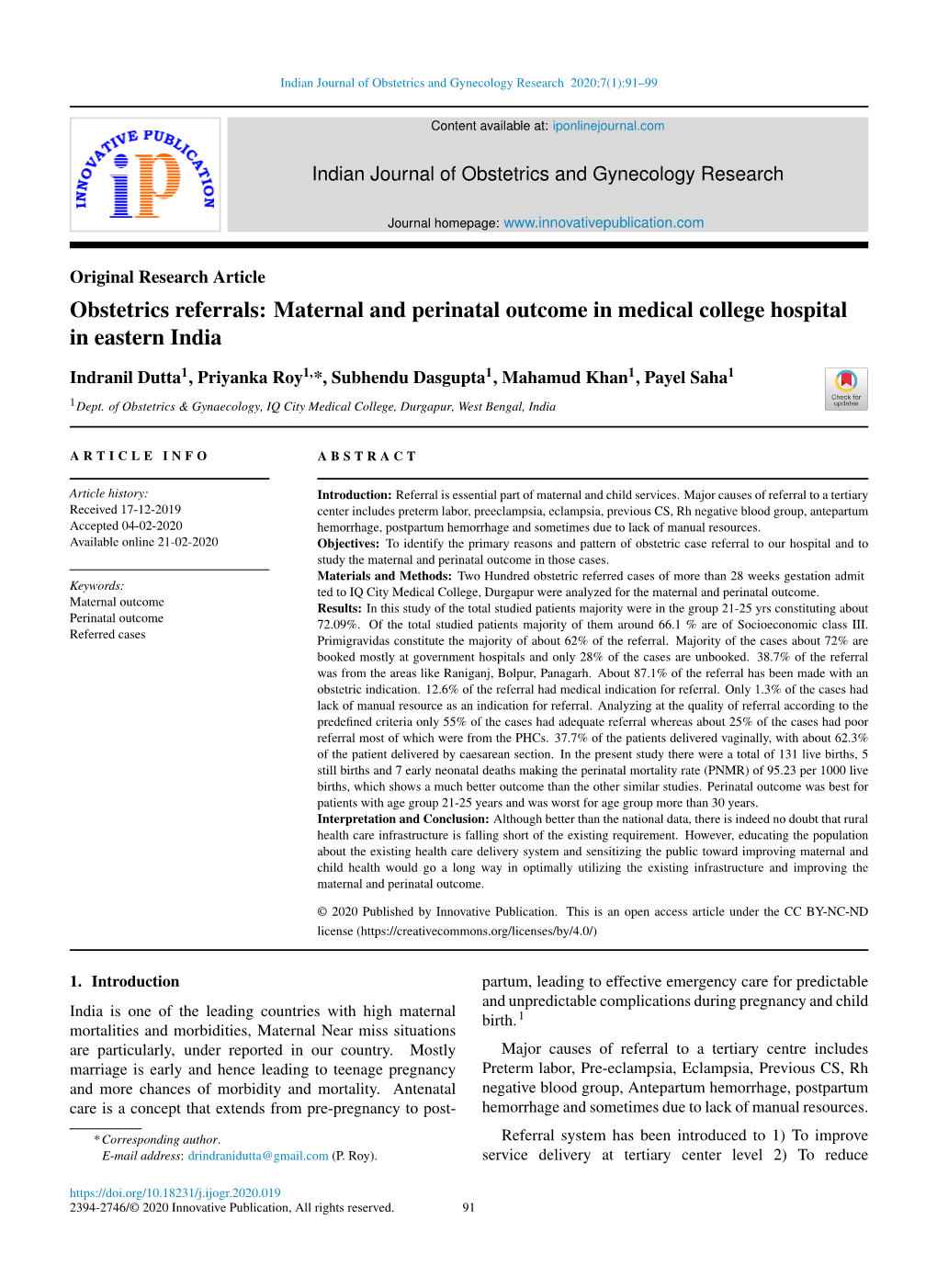 Obstetrics Referrals: Maternal and Perinatal Outcome in Medical College Hospital in Eastern India