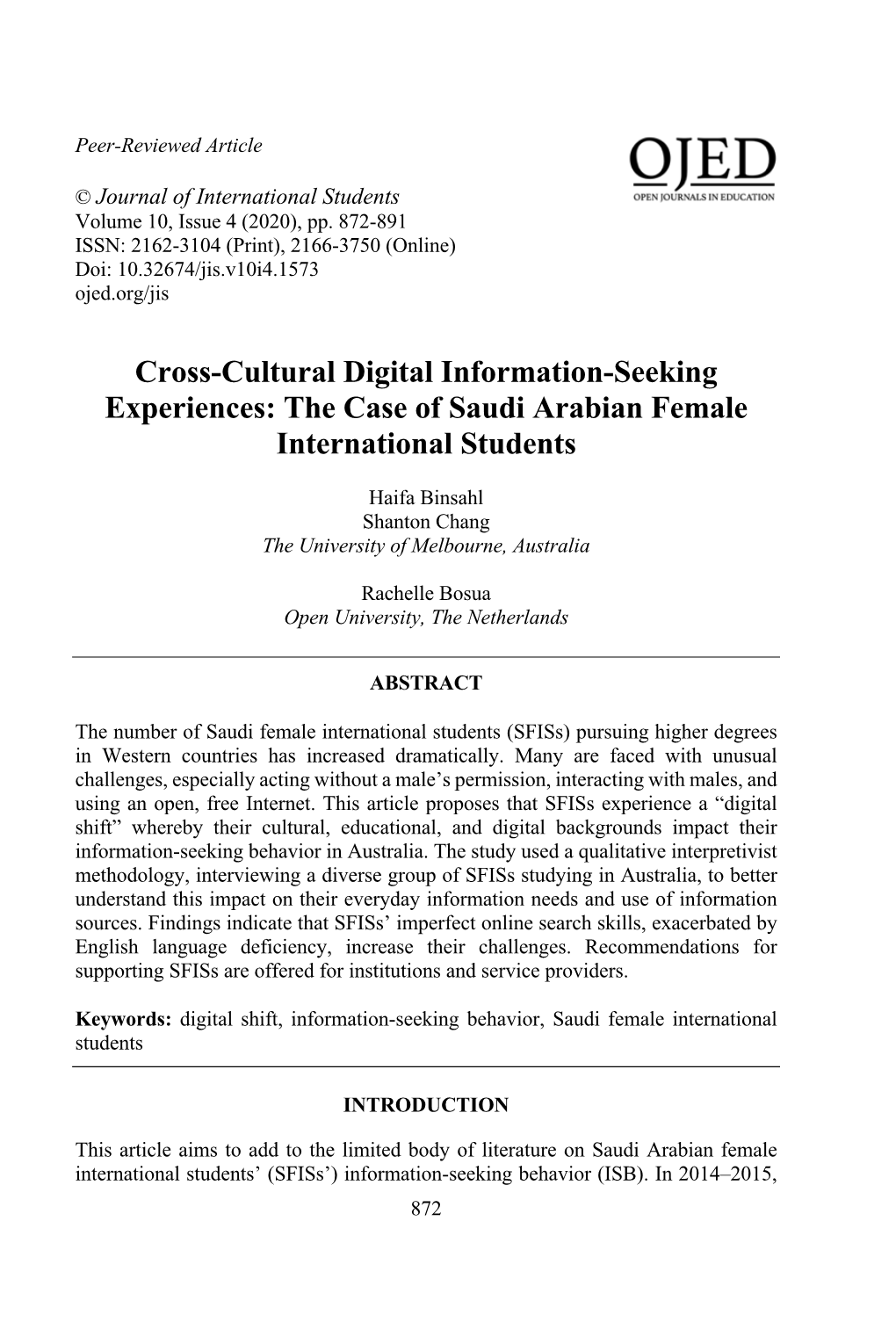 The Case of Saudi Arabian Female International Students