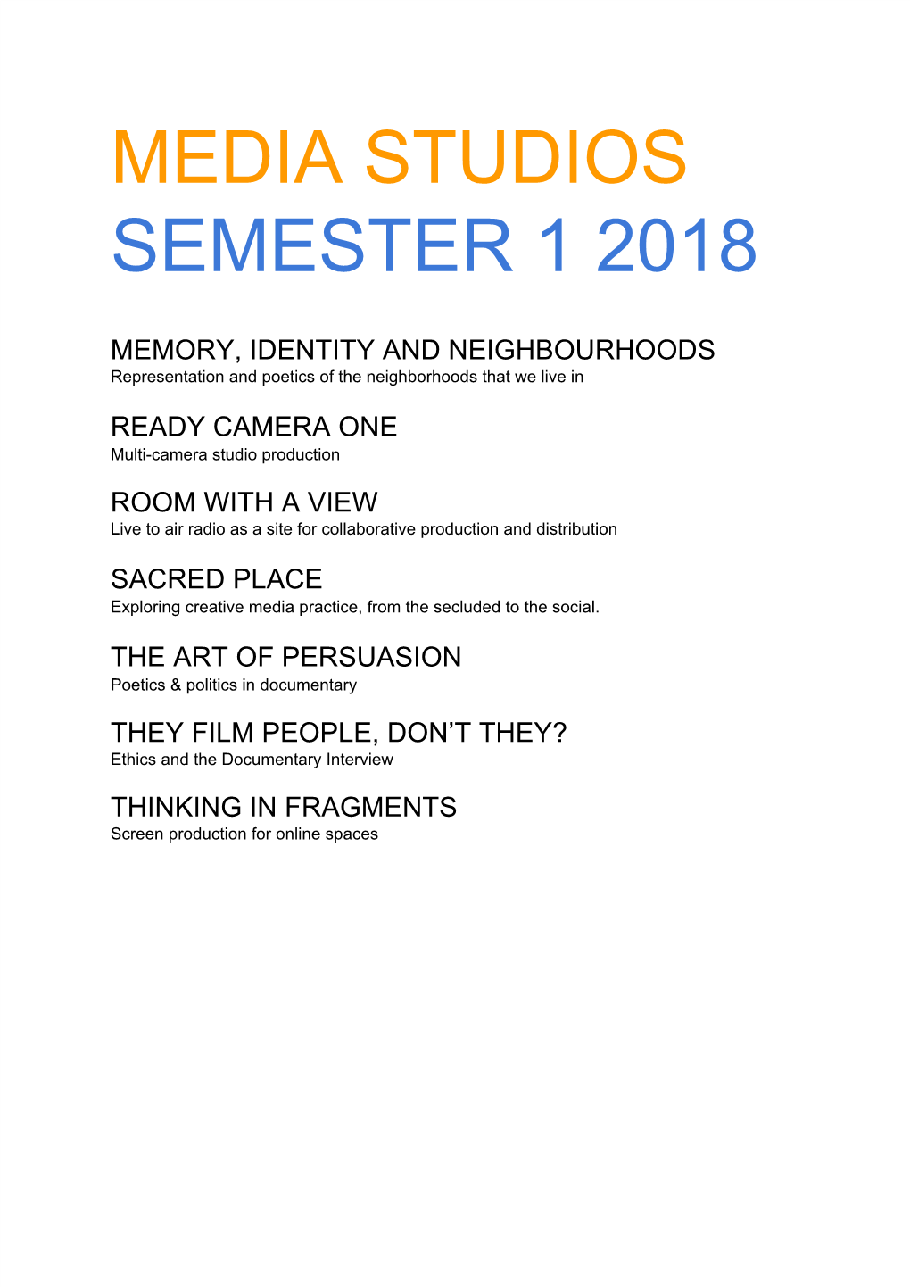 Media Studios Semester 1 2018