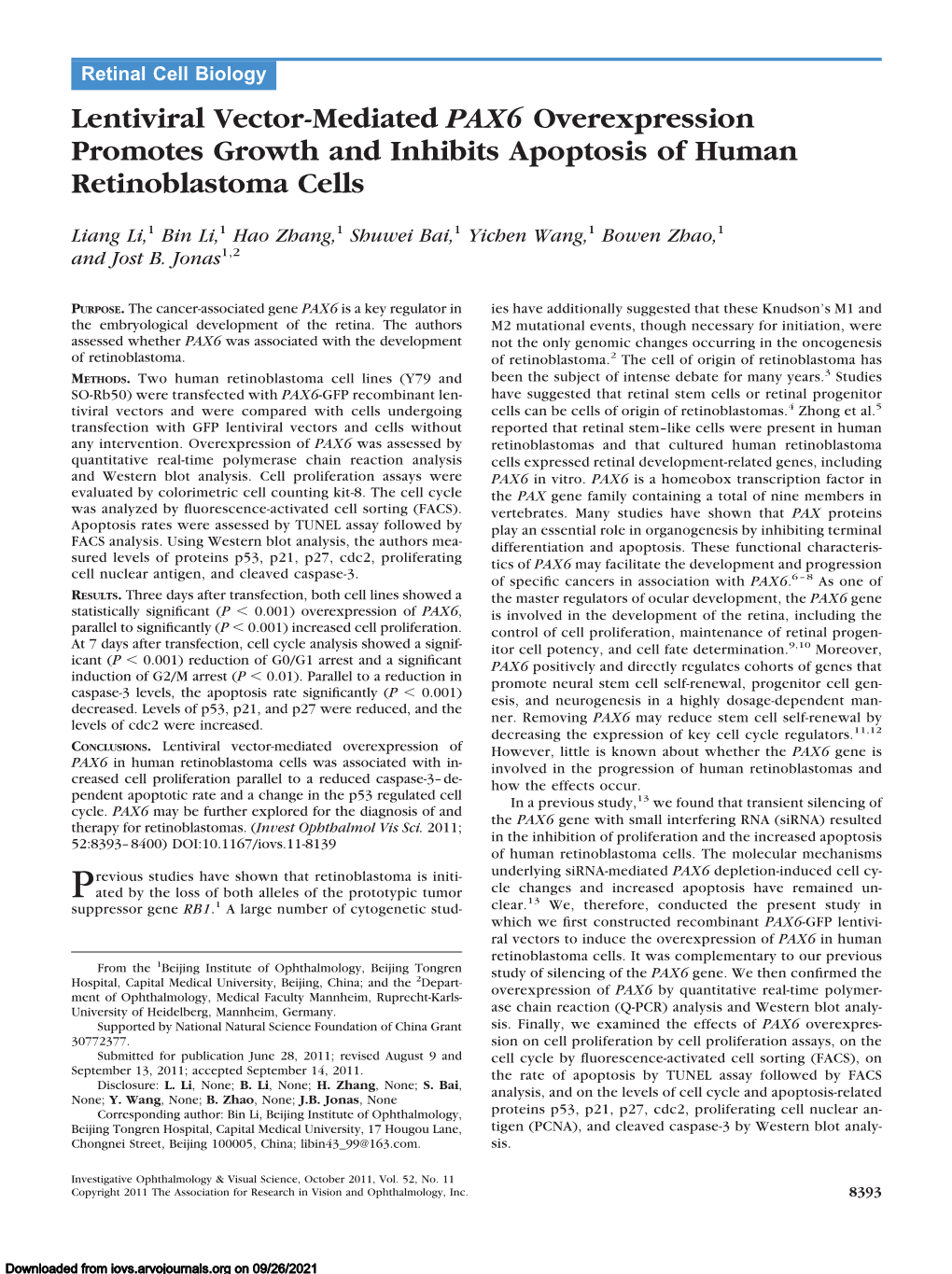 Lentiviral Vector-Mediated PAX6 Overexpression Promotes Growth and Inhibits Apoptosis of Human Retinoblastoma Cells