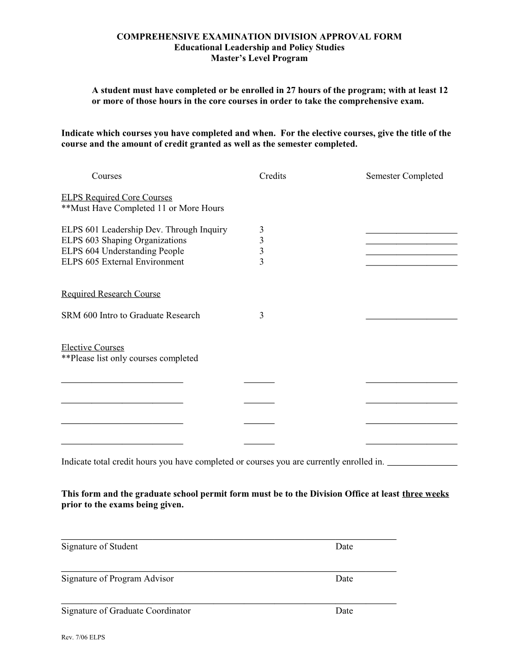 Comprehensive Examination Division Approval Form