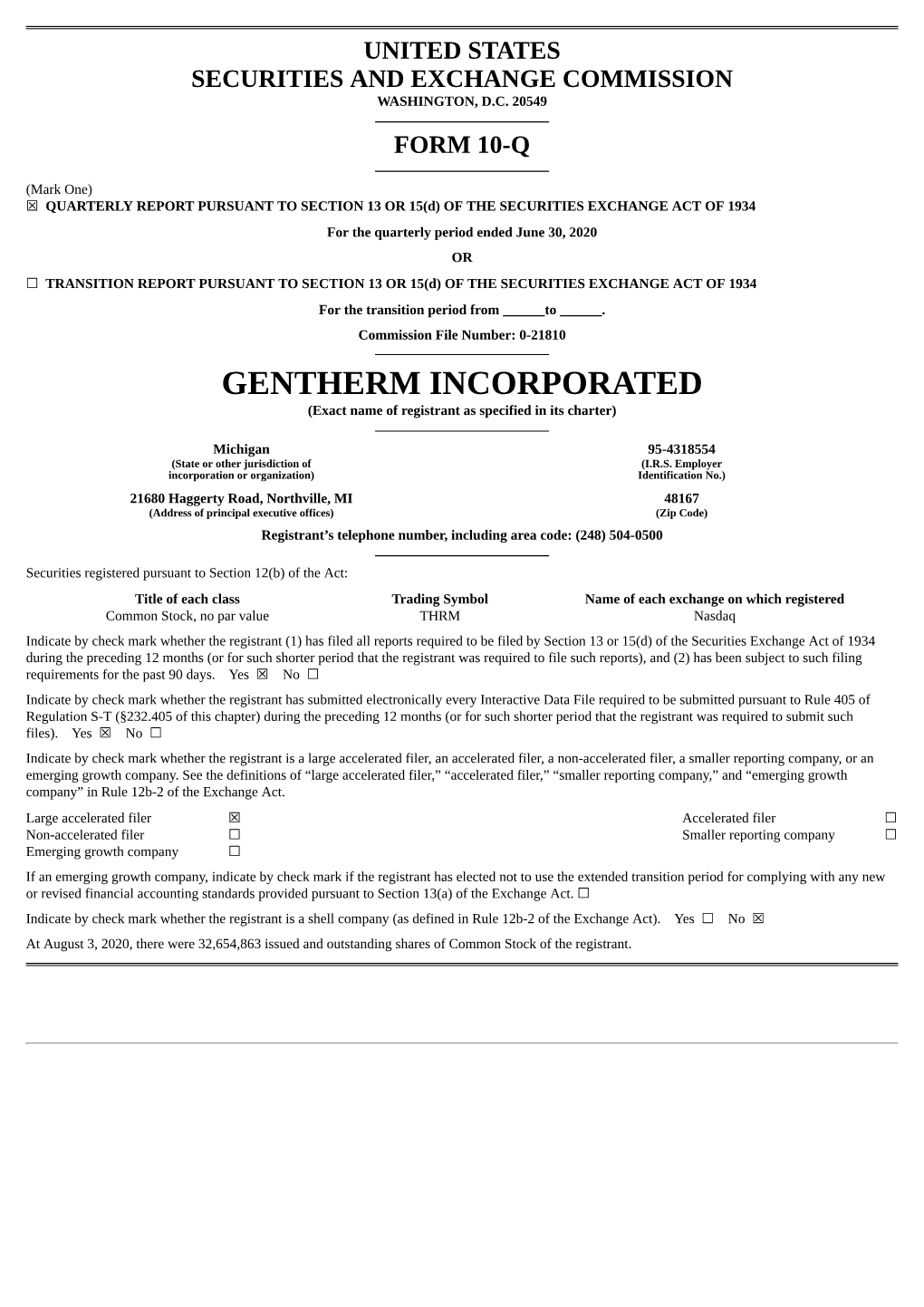 GENTHERM INCORPORATED (Exact Name of Registrant As Specified in Its Charter)