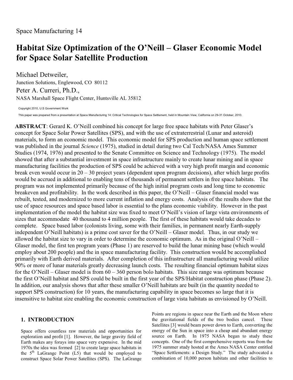 Habitat Size Optimization of the O'neill – Glaser Economic Model
