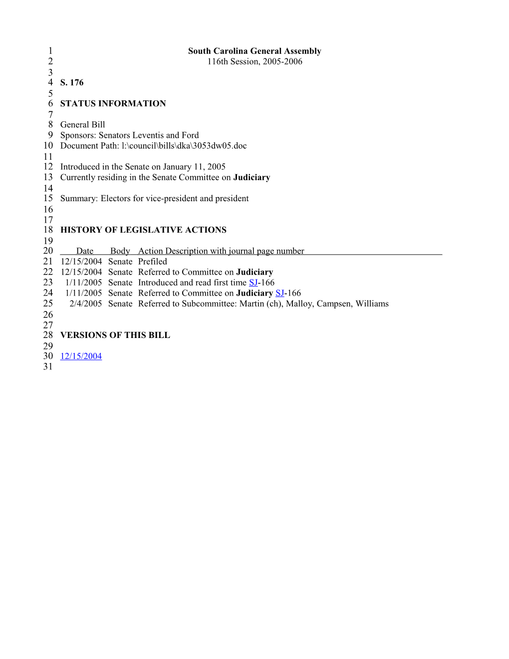 2005-2006 Bill 176: Electors for Vice-President and President - South Carolina Legislature