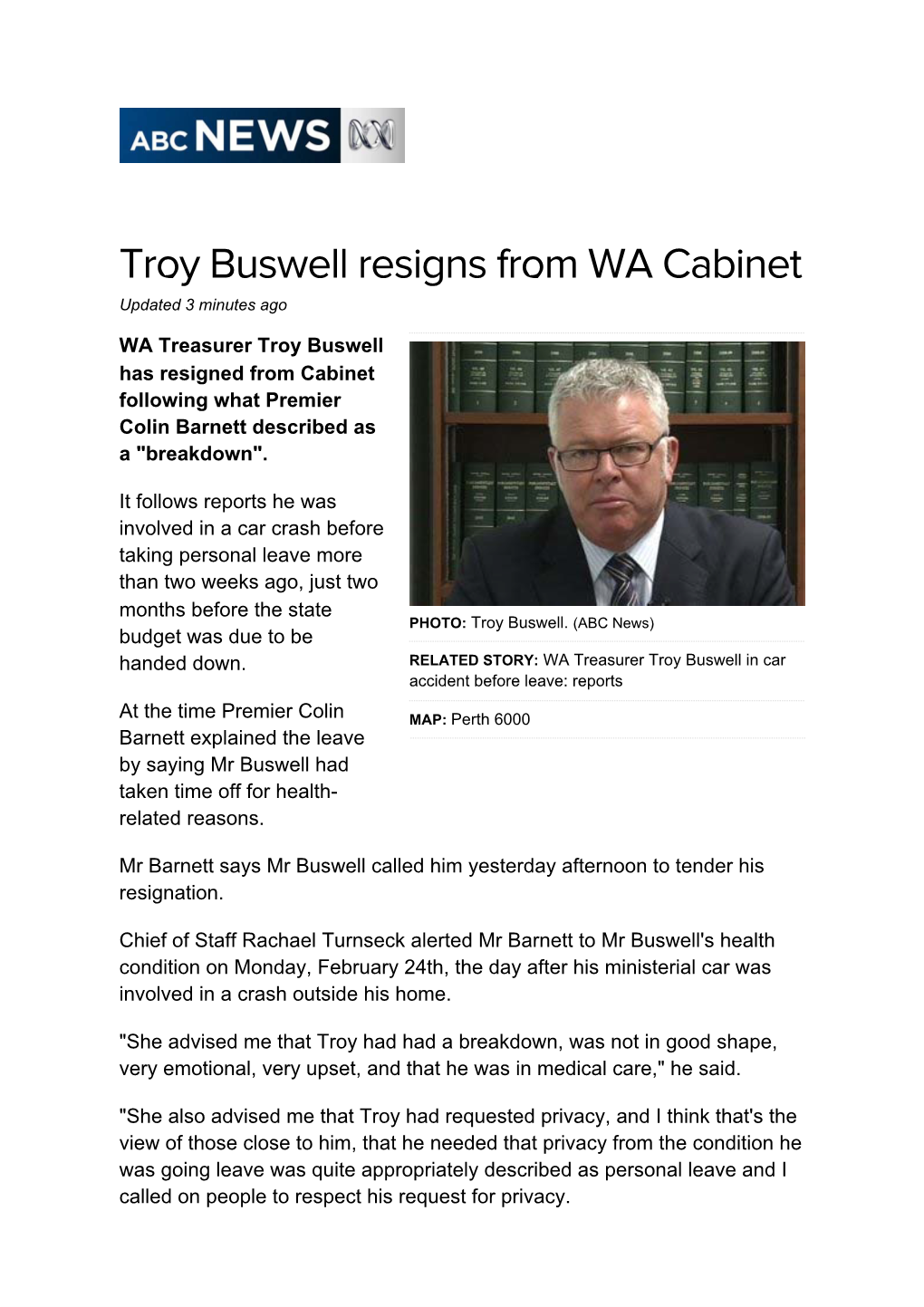 Troy Buswell Resigns from WA Cabinet Updated 3 Minutes Ago