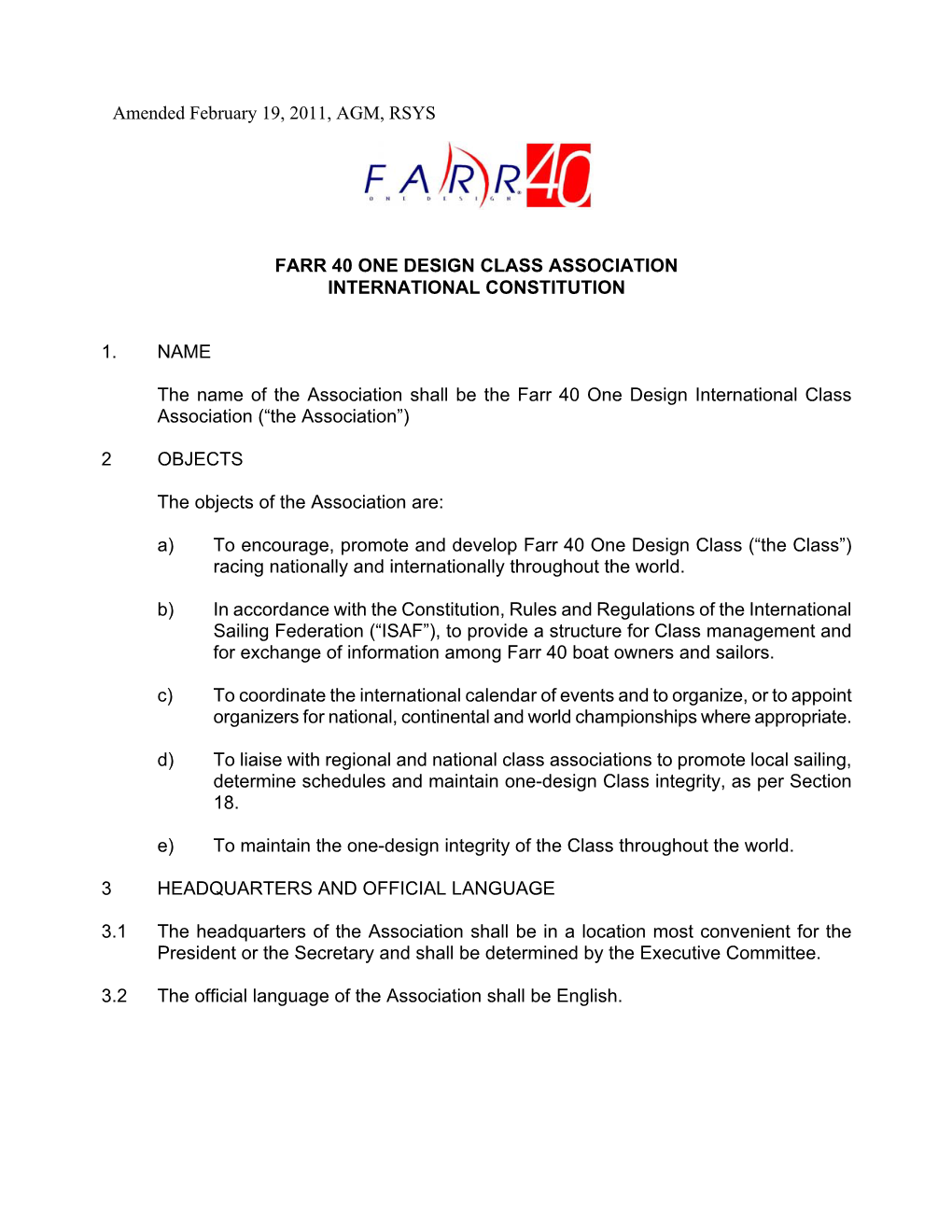 Farr 40 One Design Class Association International Constitution