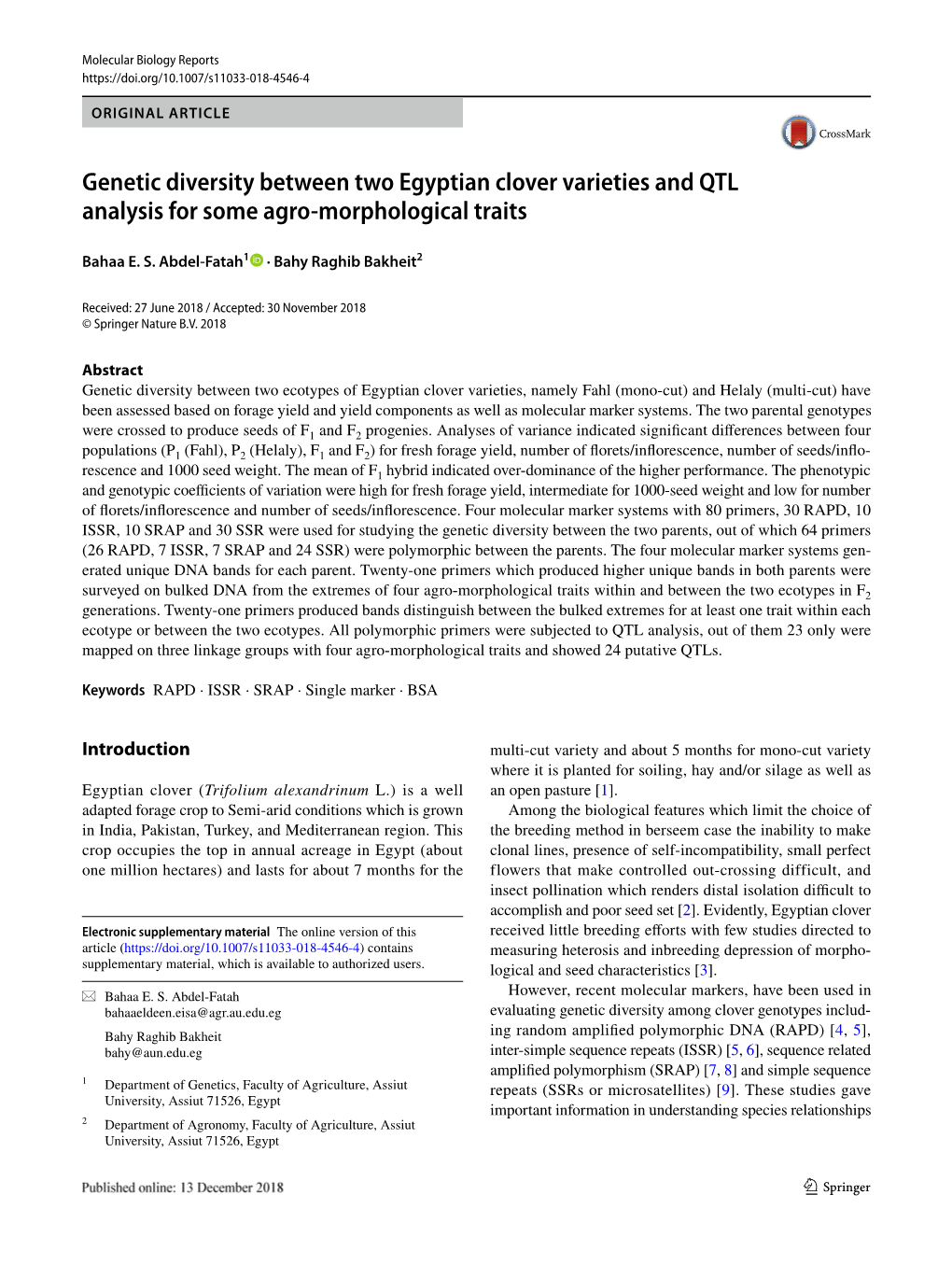 Genetic Diversity Between Two Egyptian Clover Varieties and QTL Analysis for Some Agro-Morphological Traits