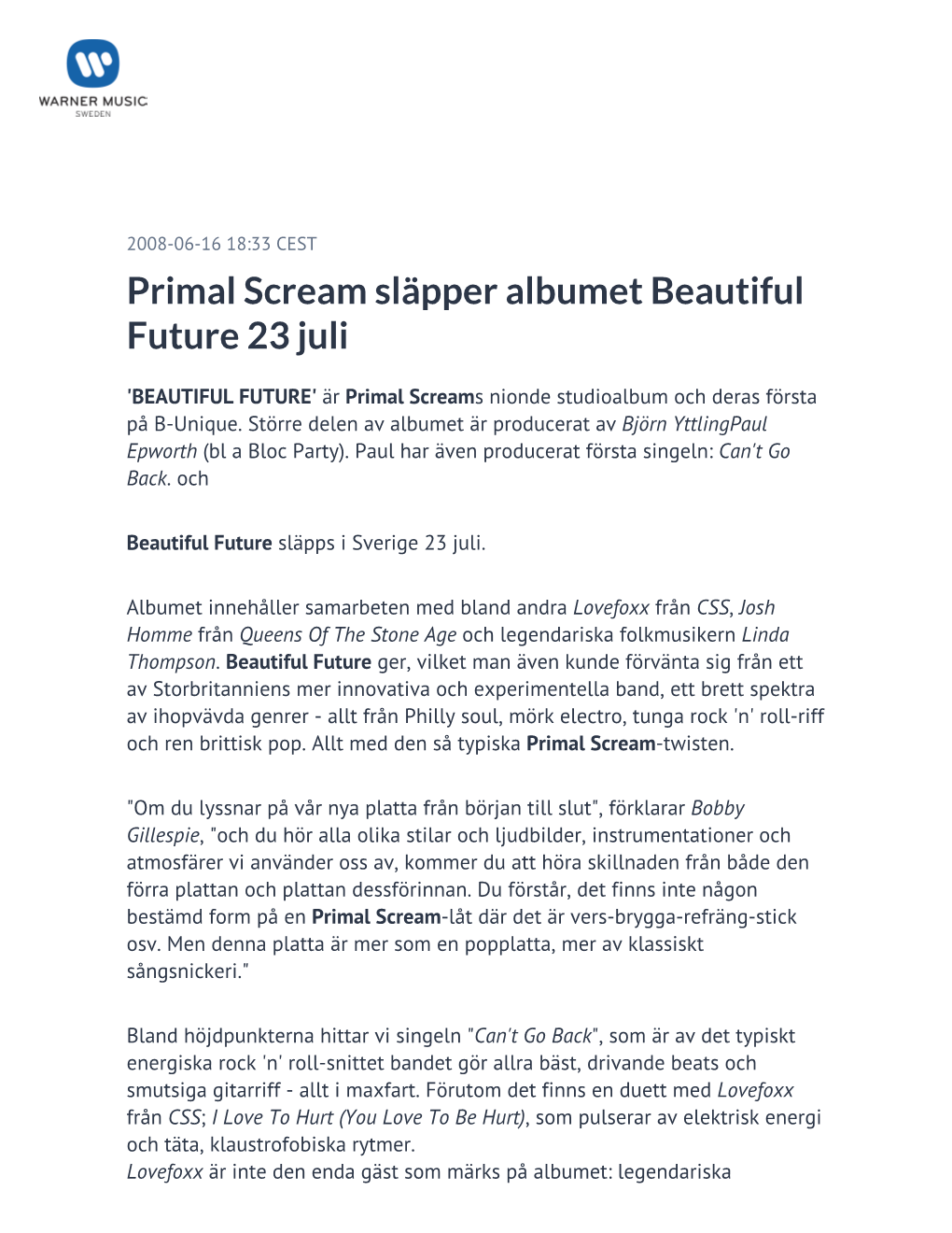 Primal Scream Släpper Albumet Beautiful Future 23 Juli