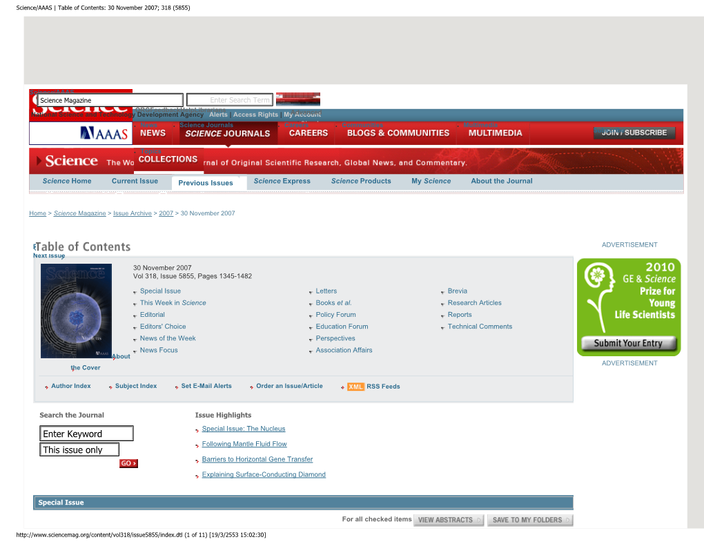 Science/AAAS | Table of Contents: 30 November 2007; 318 (5855)