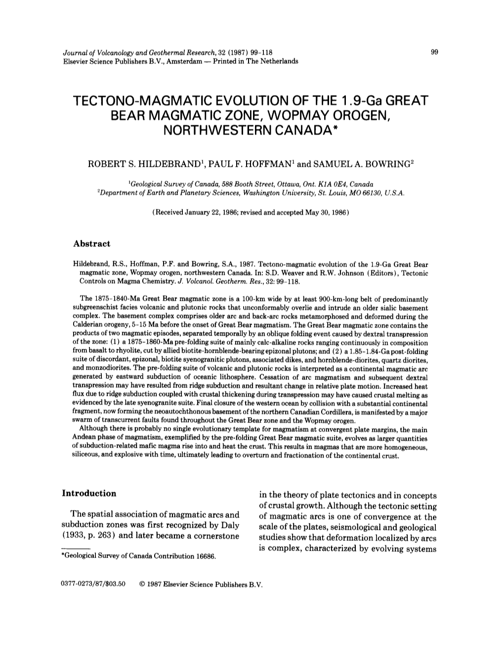 TECTONO-MAGMATIC EVOLUTION of the 1.9-Ga GREAT BEAR MAGMATIC ZONE, WOPMAY OROGEN, NORTHWESTERN CANADA*