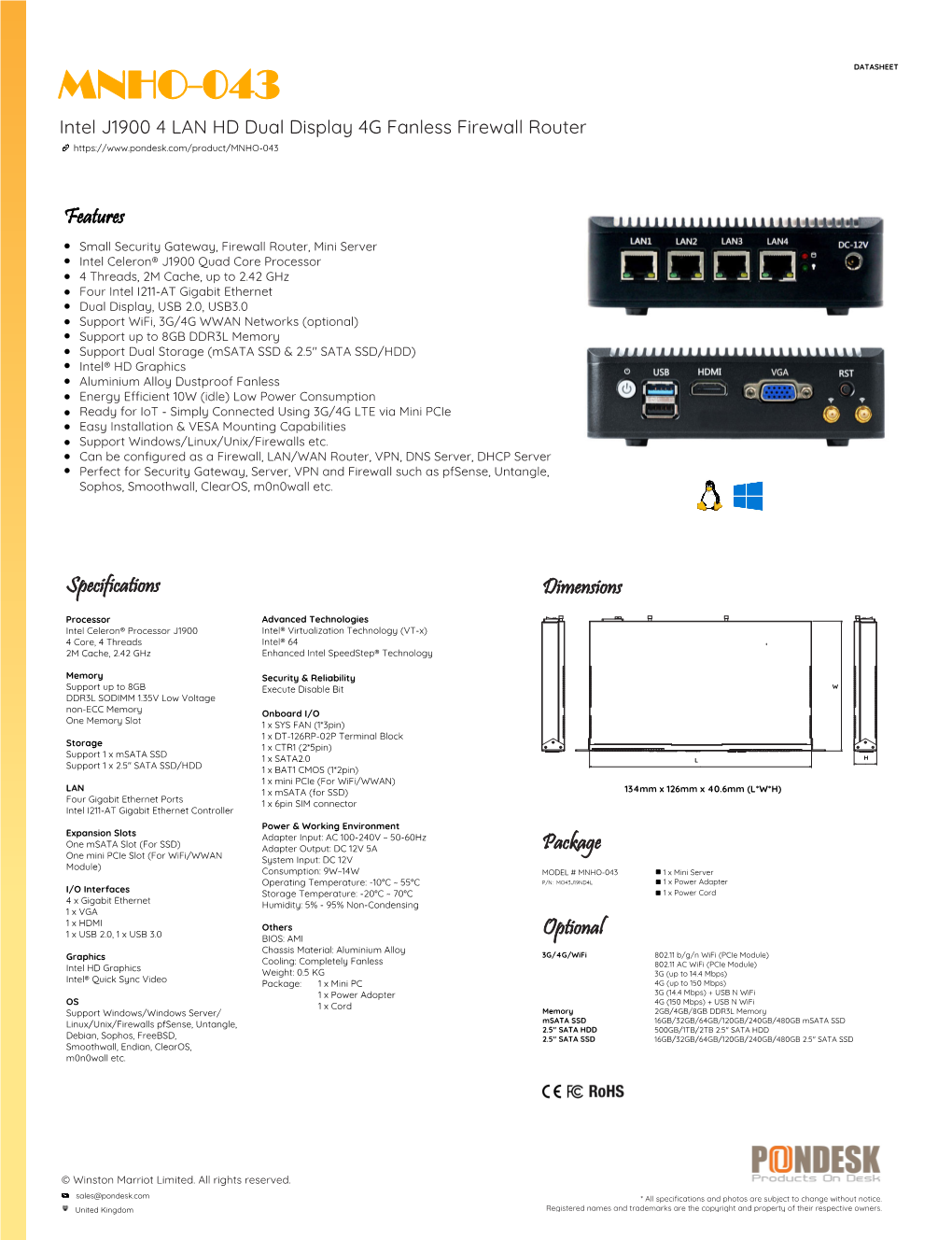 MNHO-043 DATASHEET Intel J1900 4 LAN HD Dual Display 4G Fanless Firewall Router