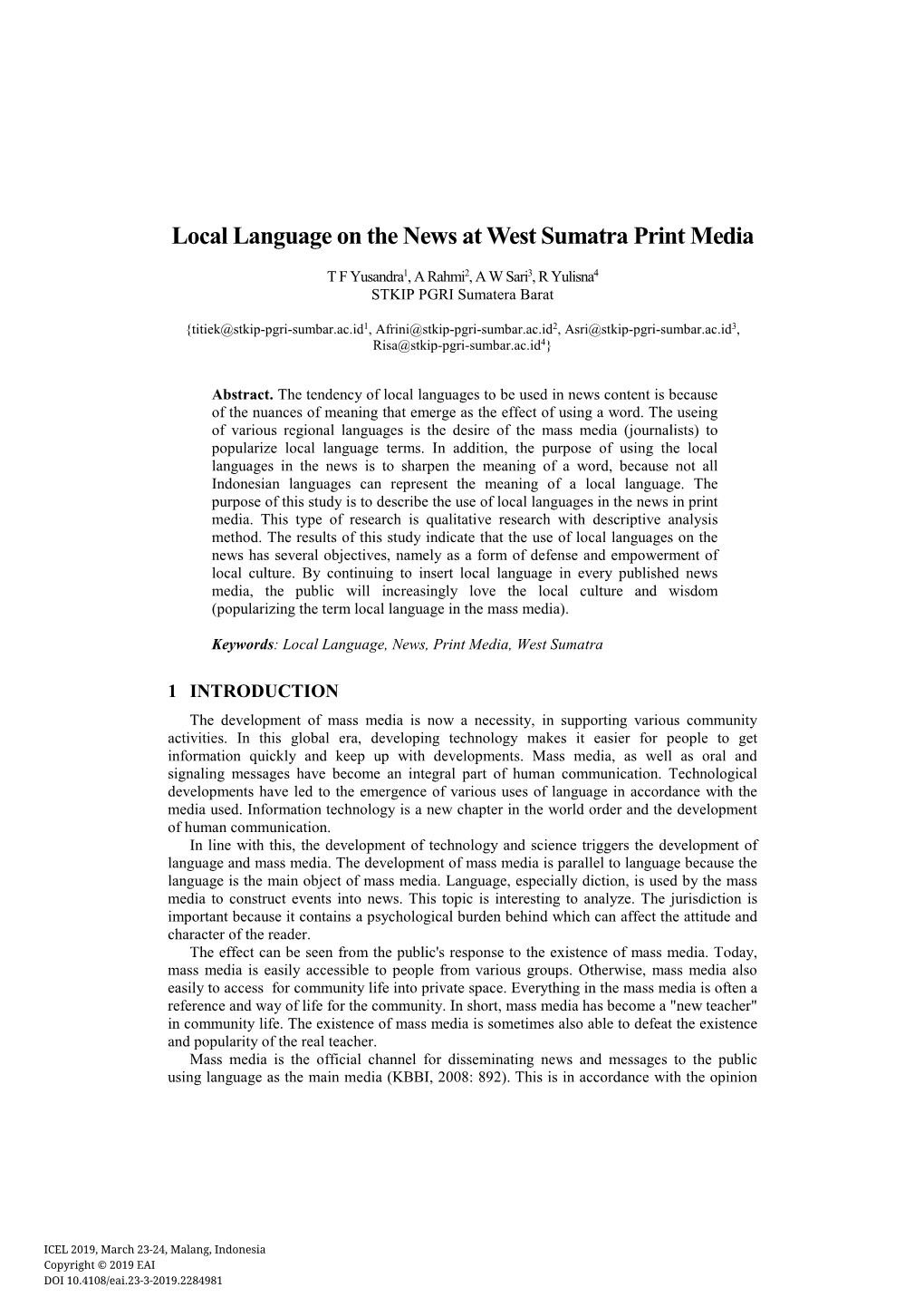 Local Language on the News at West Sumatra Print Media