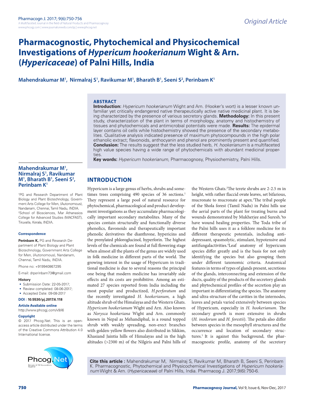 Pharmacognostic, Phytochemical and Physicochemical Investigations of Hypericum Hookerianum Wight & Arn