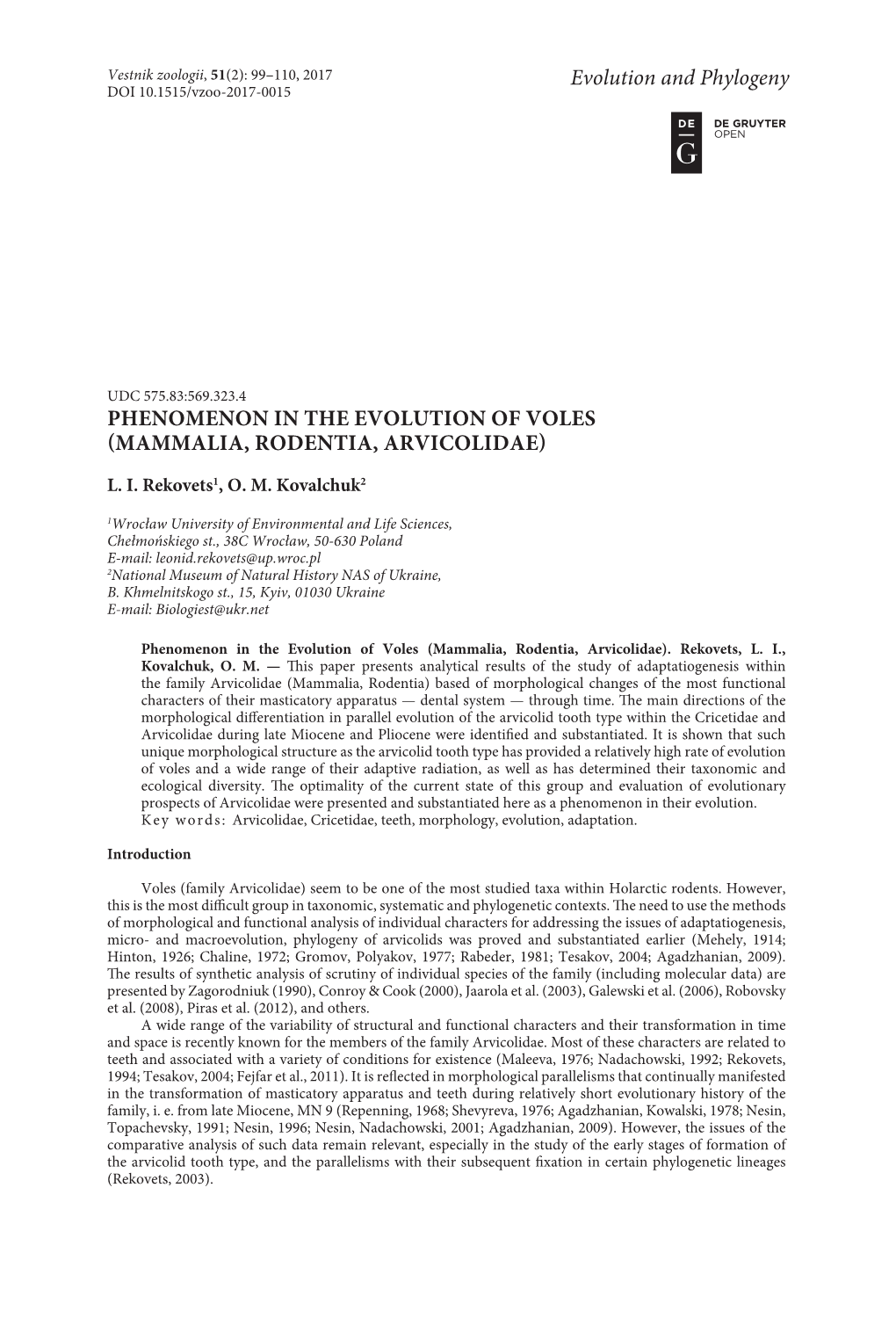Phenomenon in the Evolution of Voles (Mammalia, Rodentia, Arvicolidae)