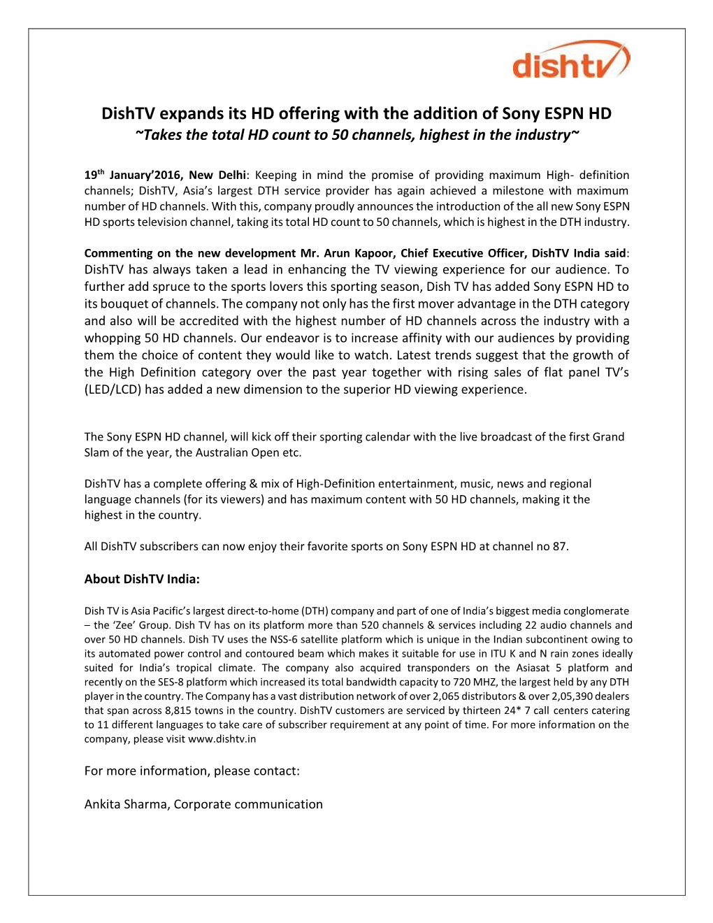 Dishtv Expands Its HD Offering with the Addition of Sony ESPN HD ~Takes the Total HD Count to 50 Channels, Highest in the Industry~