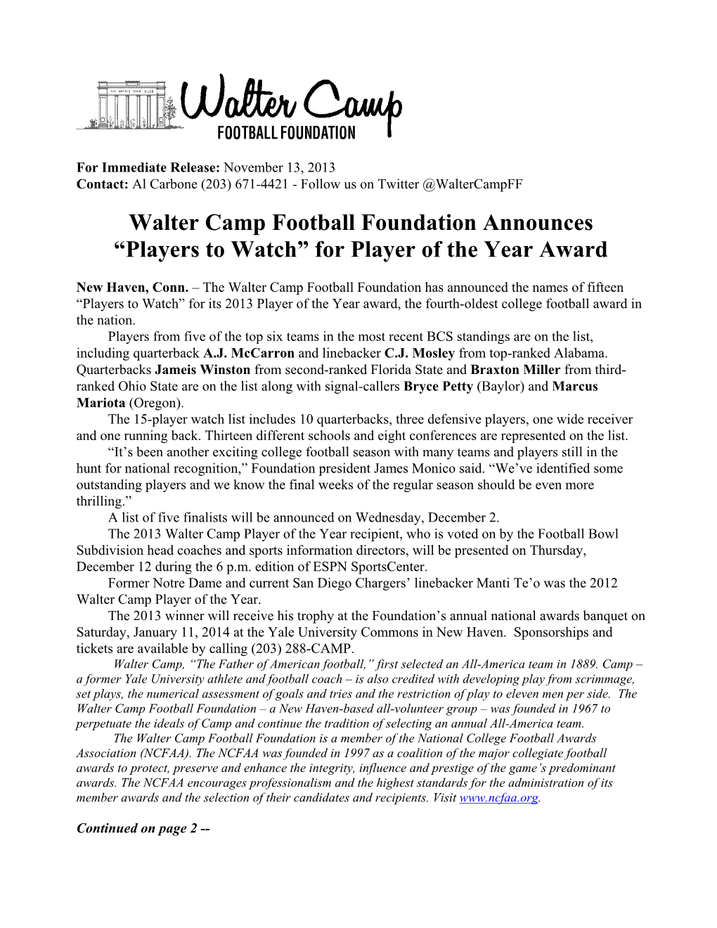 For Player of the Year Award