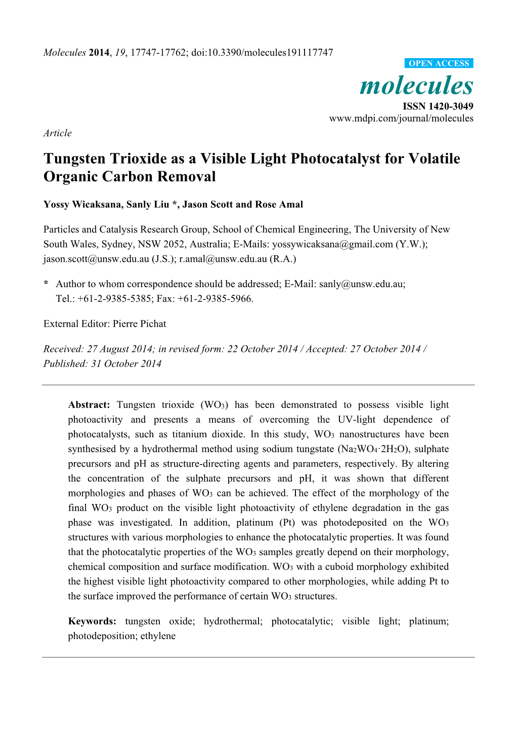 Tungsten Trioxide As a Visible Light Photocatalyst for Volatile Organic Carbon Removal